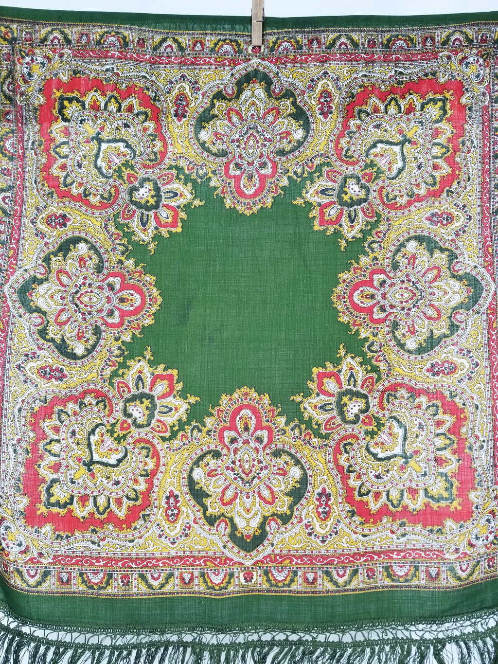 Vintage Traditional Printed Wool Fringed Russian Shawl 65x64cm