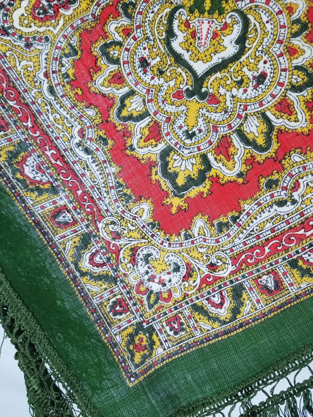 Vintage Traditional Printed Wool Fringed Russian Shawl 65x64cm