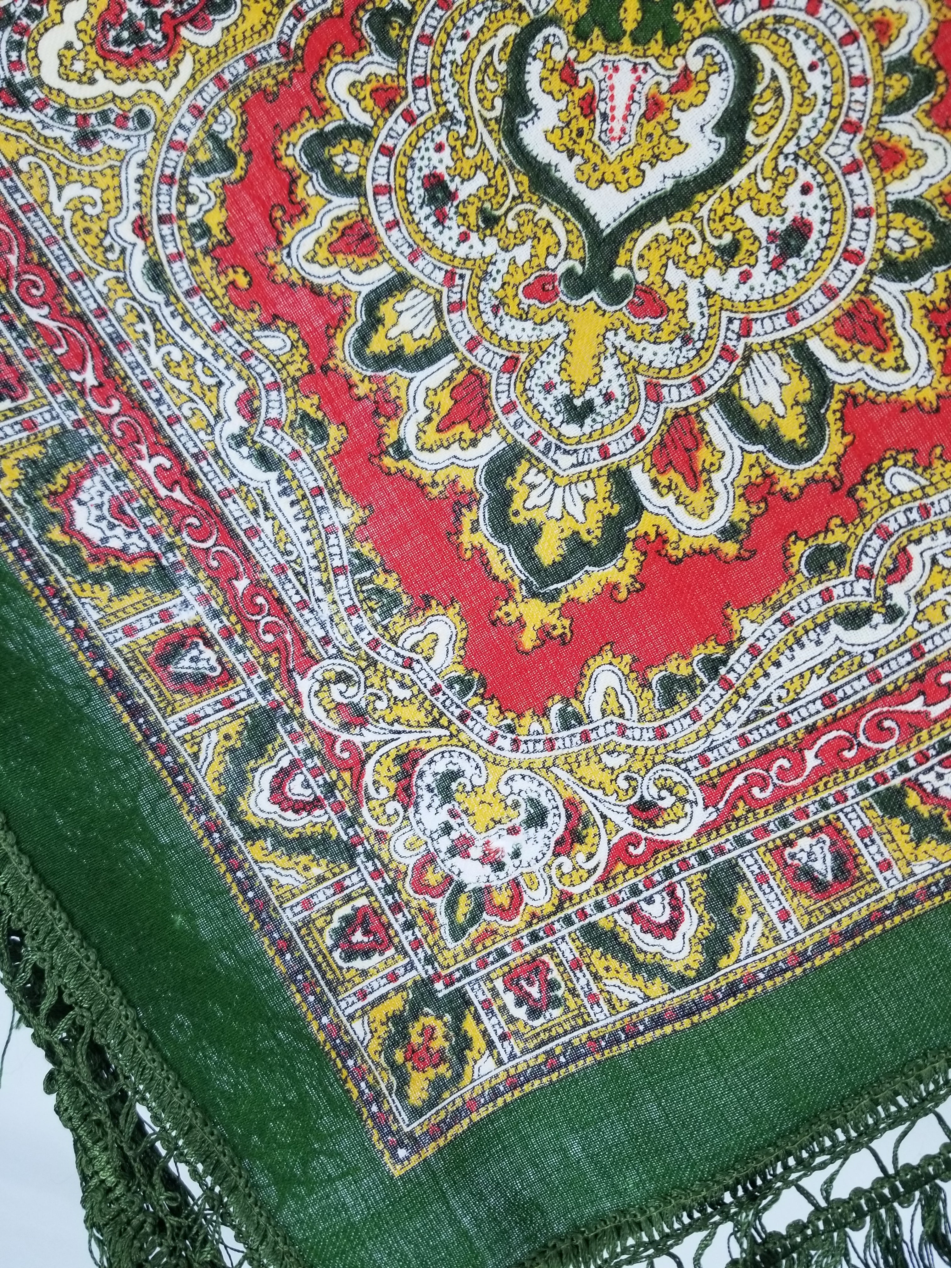 Vintage Traditional Printed Wool Fringed Russian Shawl 65x64cm