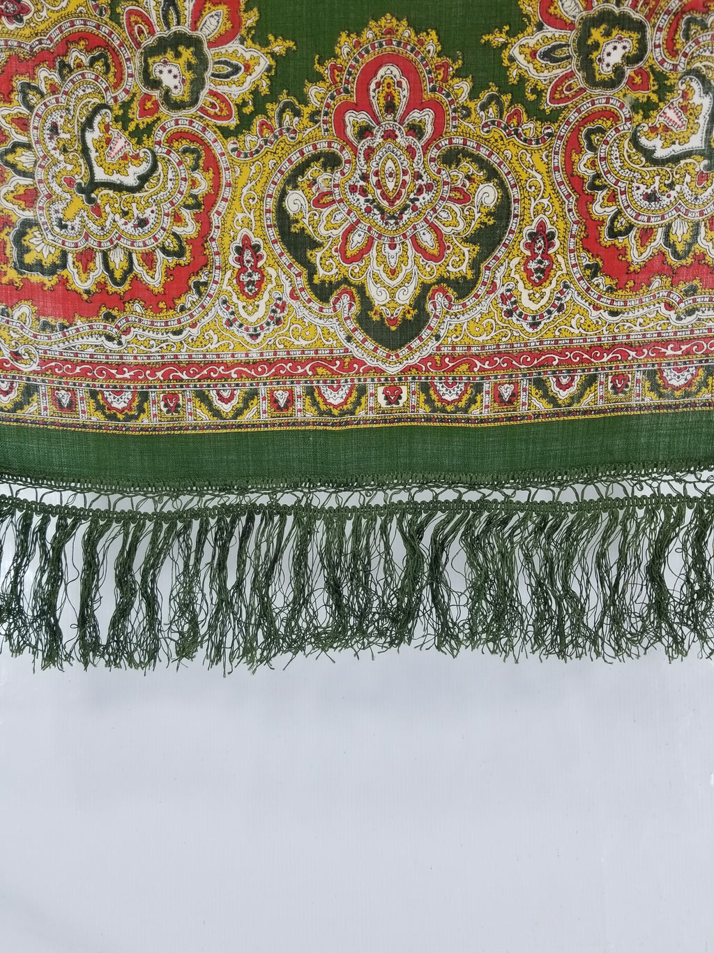 Vintage Traditional Printed Wool Fringed Russian Shawl 65x64cm