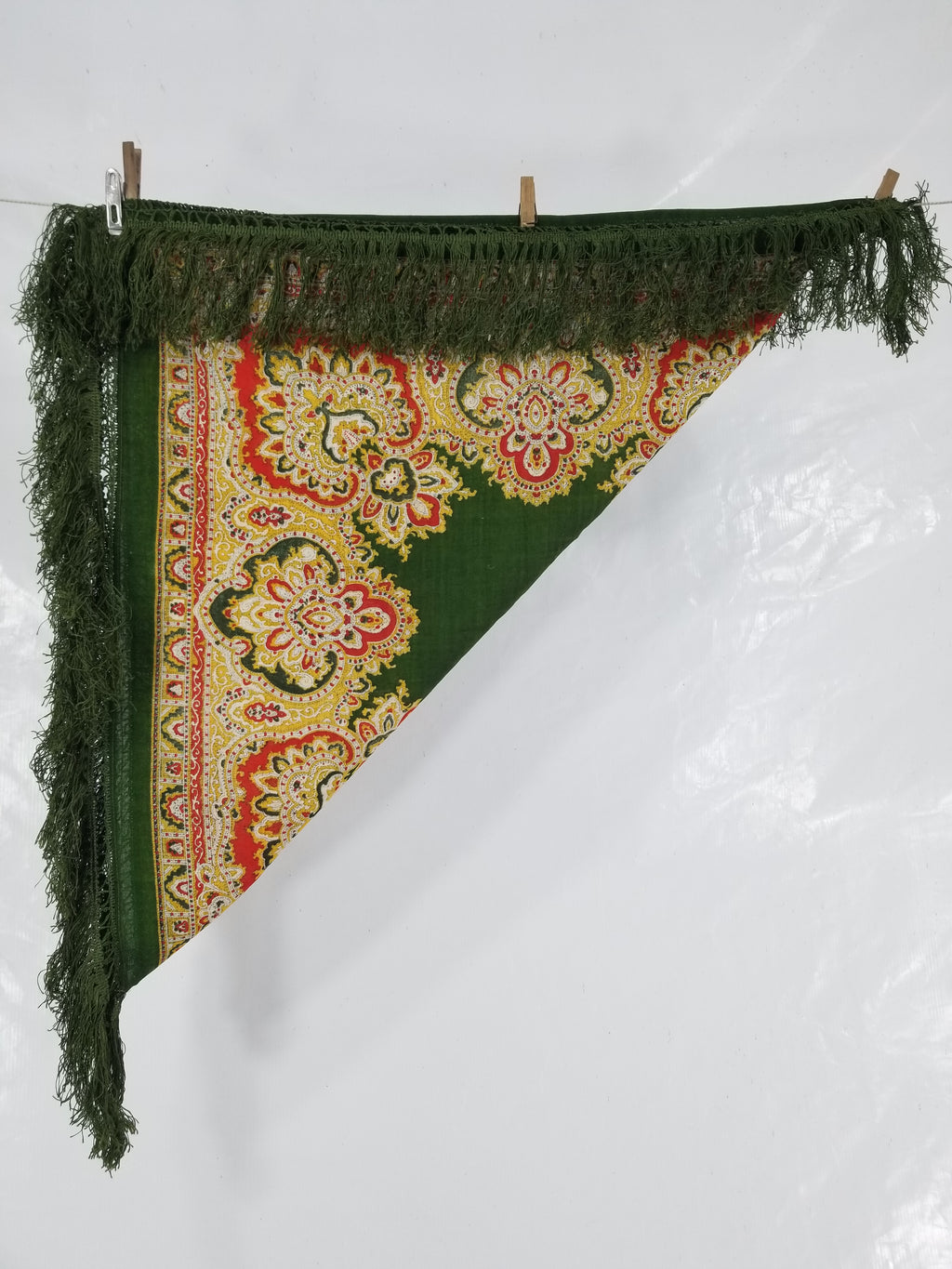 Vintage Traditional Printed Wool Fringed Russian Shawl 65x64cm