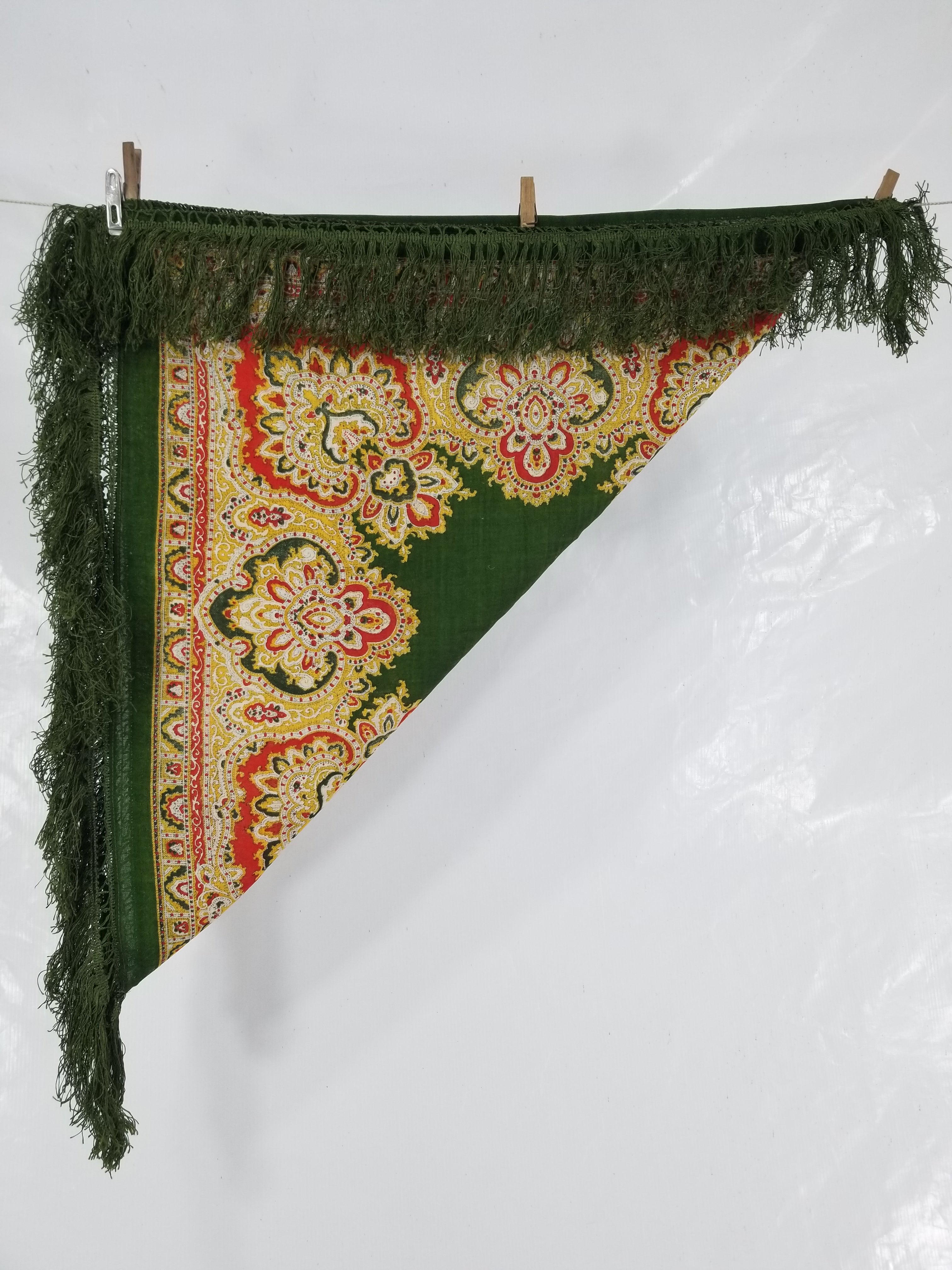 Vintage Traditional Printed Wool Fringed Russian Shawl 65x64cm