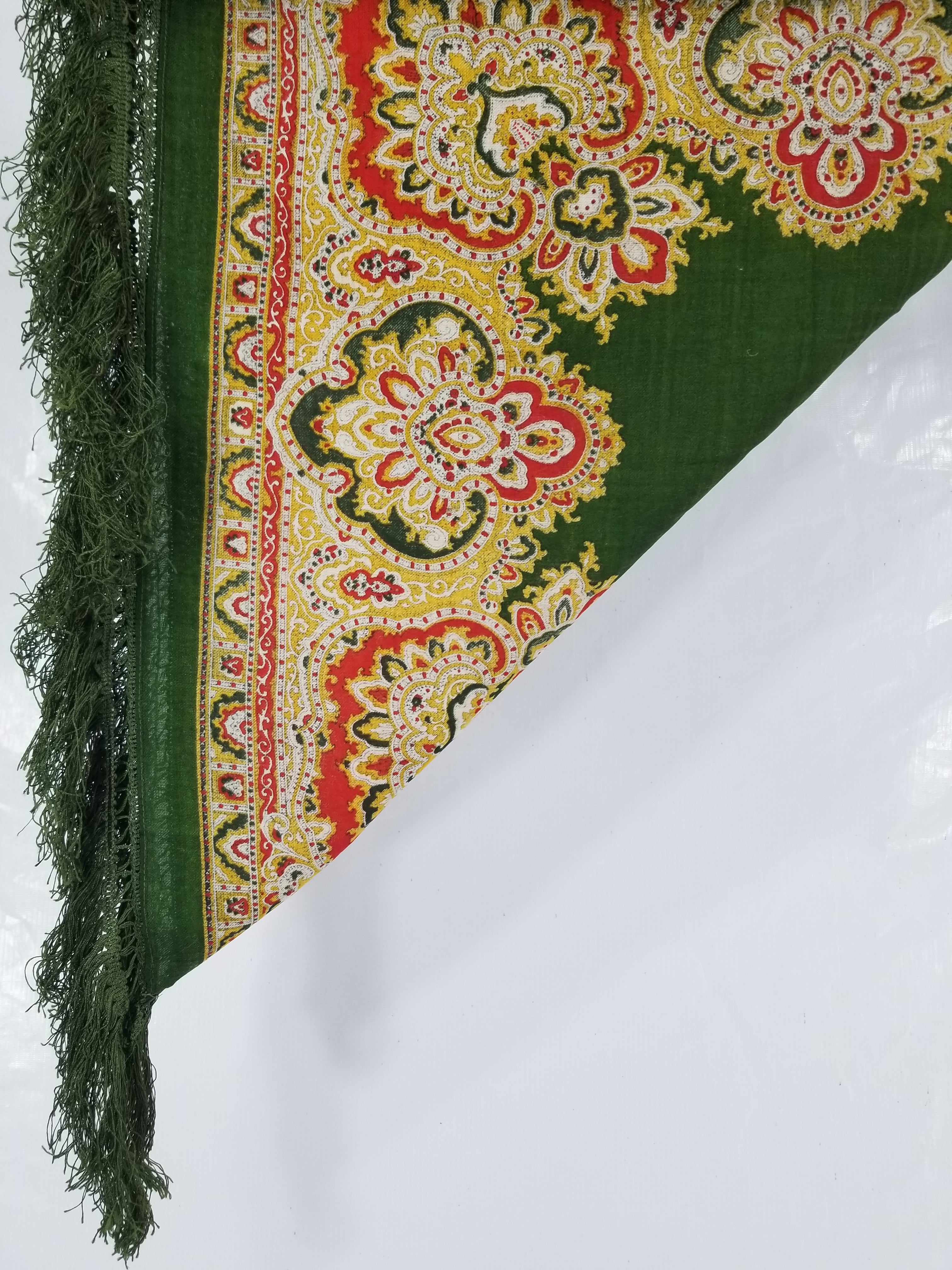 Vintage Traditional Printed Wool Fringed Russian Shawl 65x64cm
