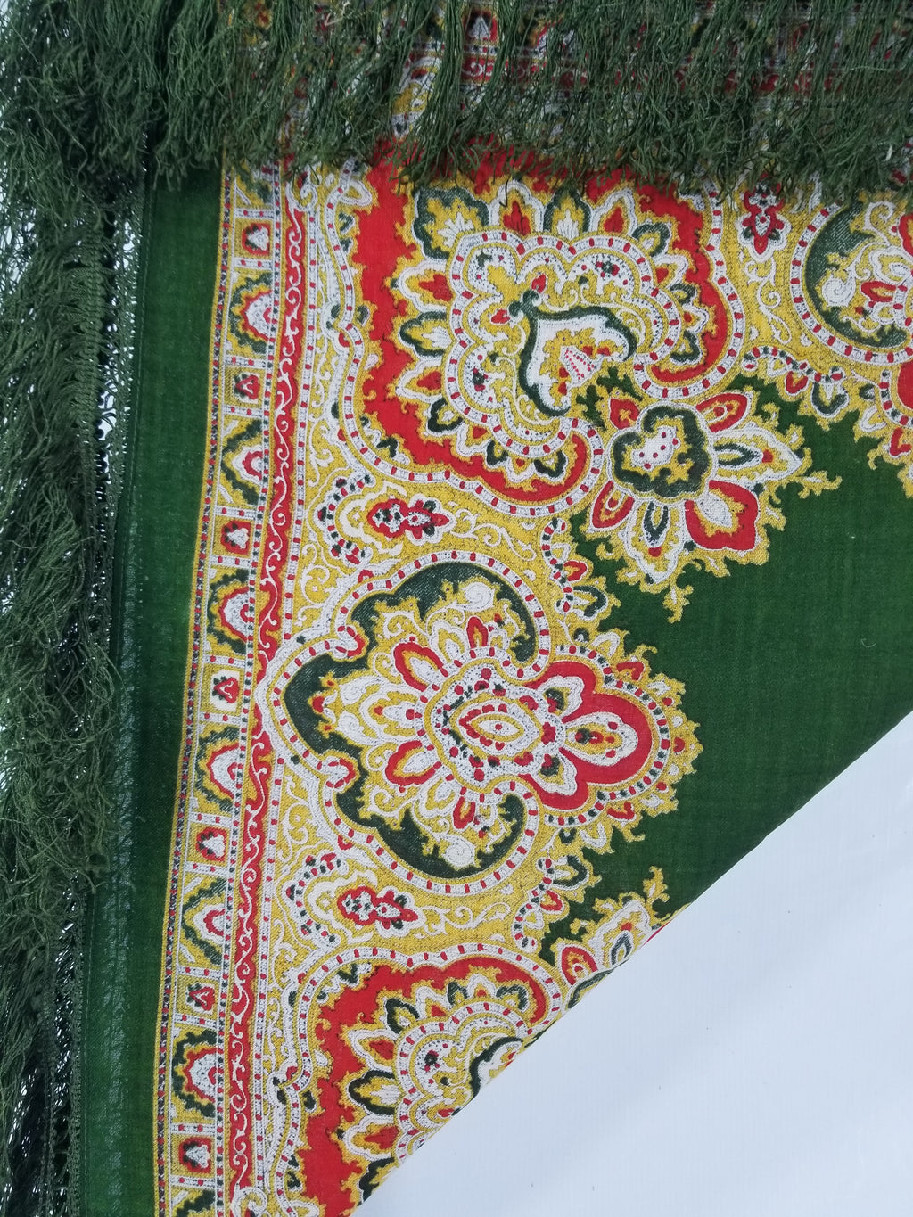 Vintage Traditional Printed Wool Fringed Russian Shawl 65x64cm