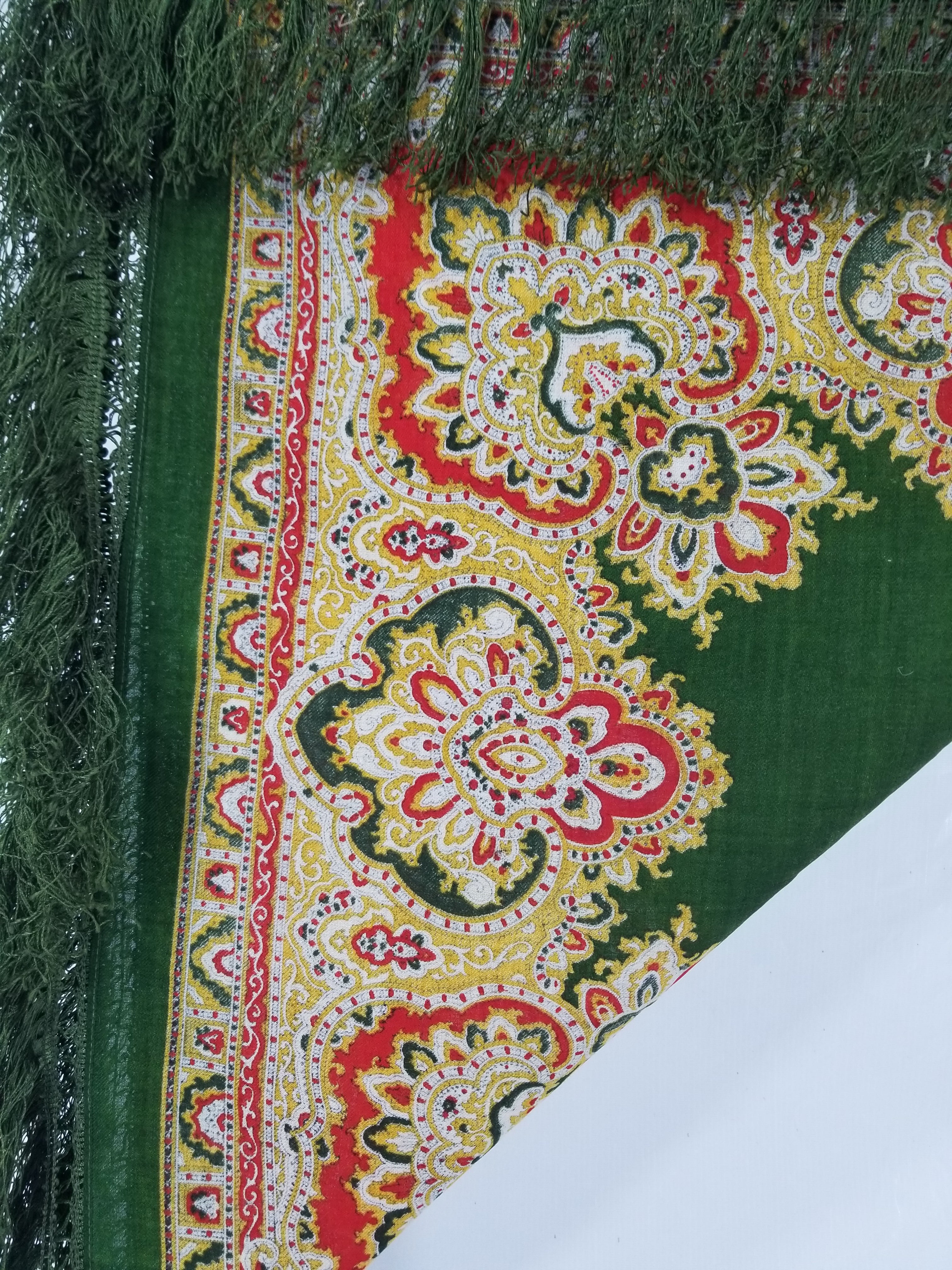 Vintage Traditional Printed Wool Fringed Russian Shawl 65x64cm