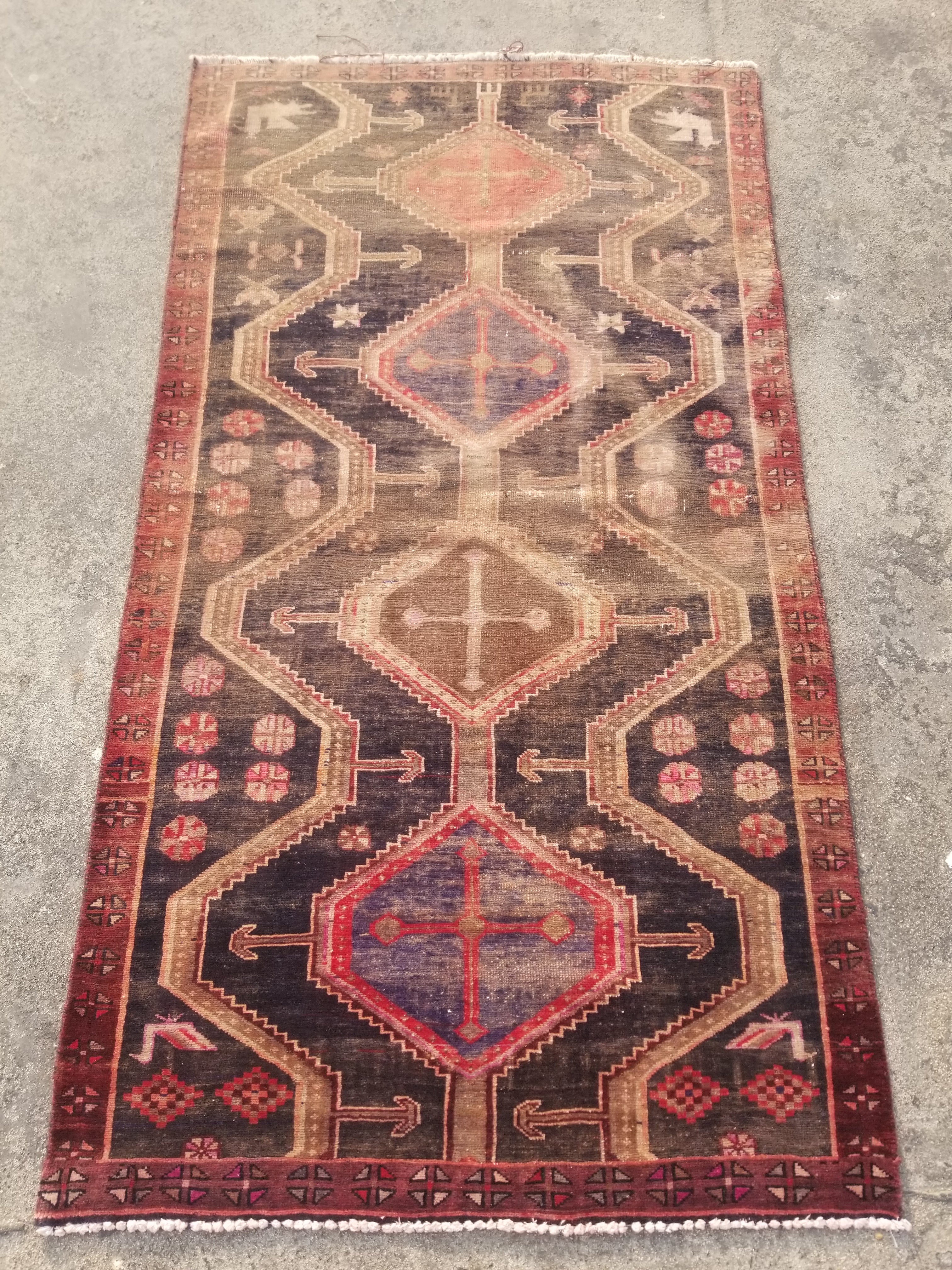 Distressed Vintage Handmade Caucasian Karabakh Wool Multicolor Rug 181x100cm