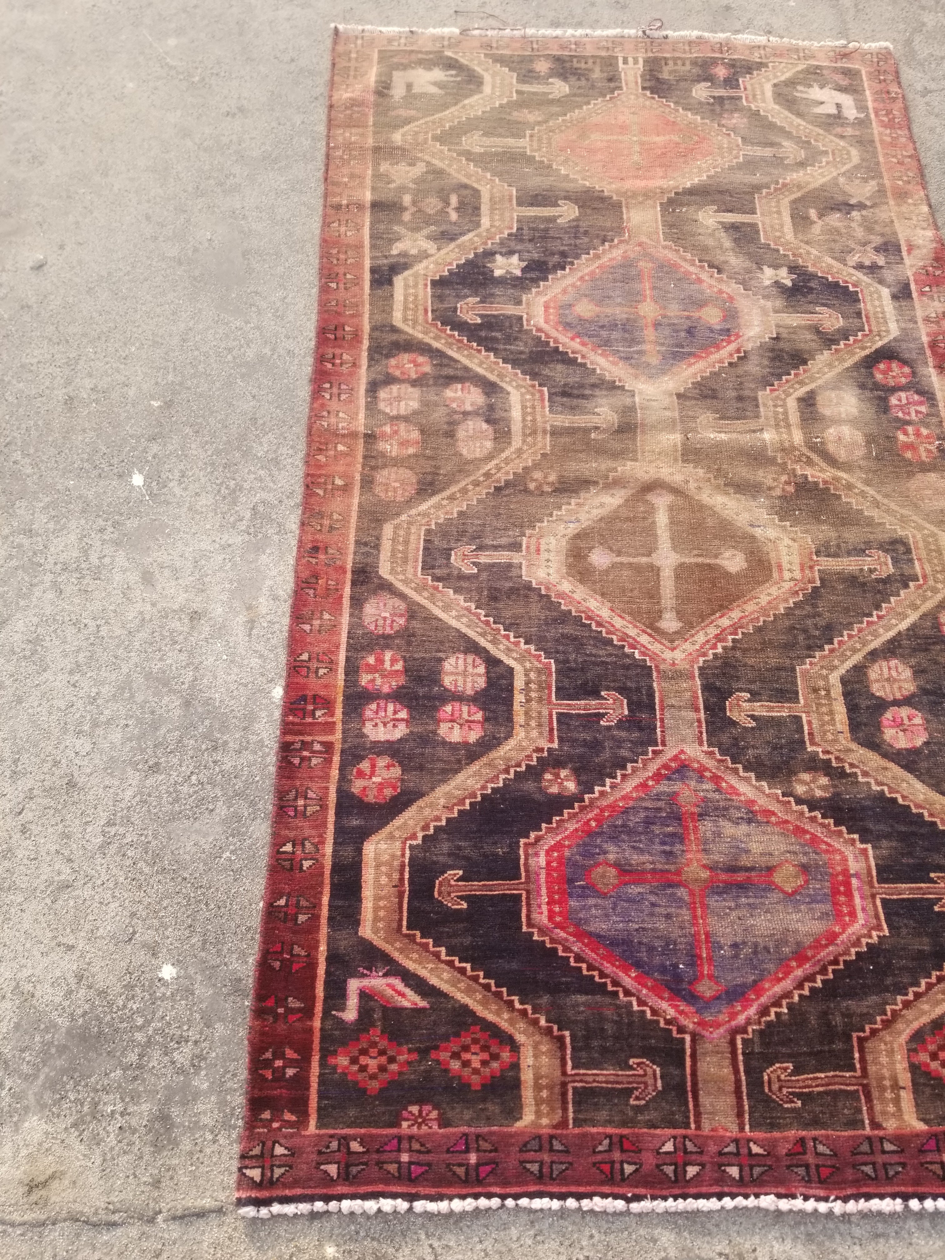 Distressed Vintage Handmade Caucasian Karabakh Wool Multicolor Rug 181x100cm