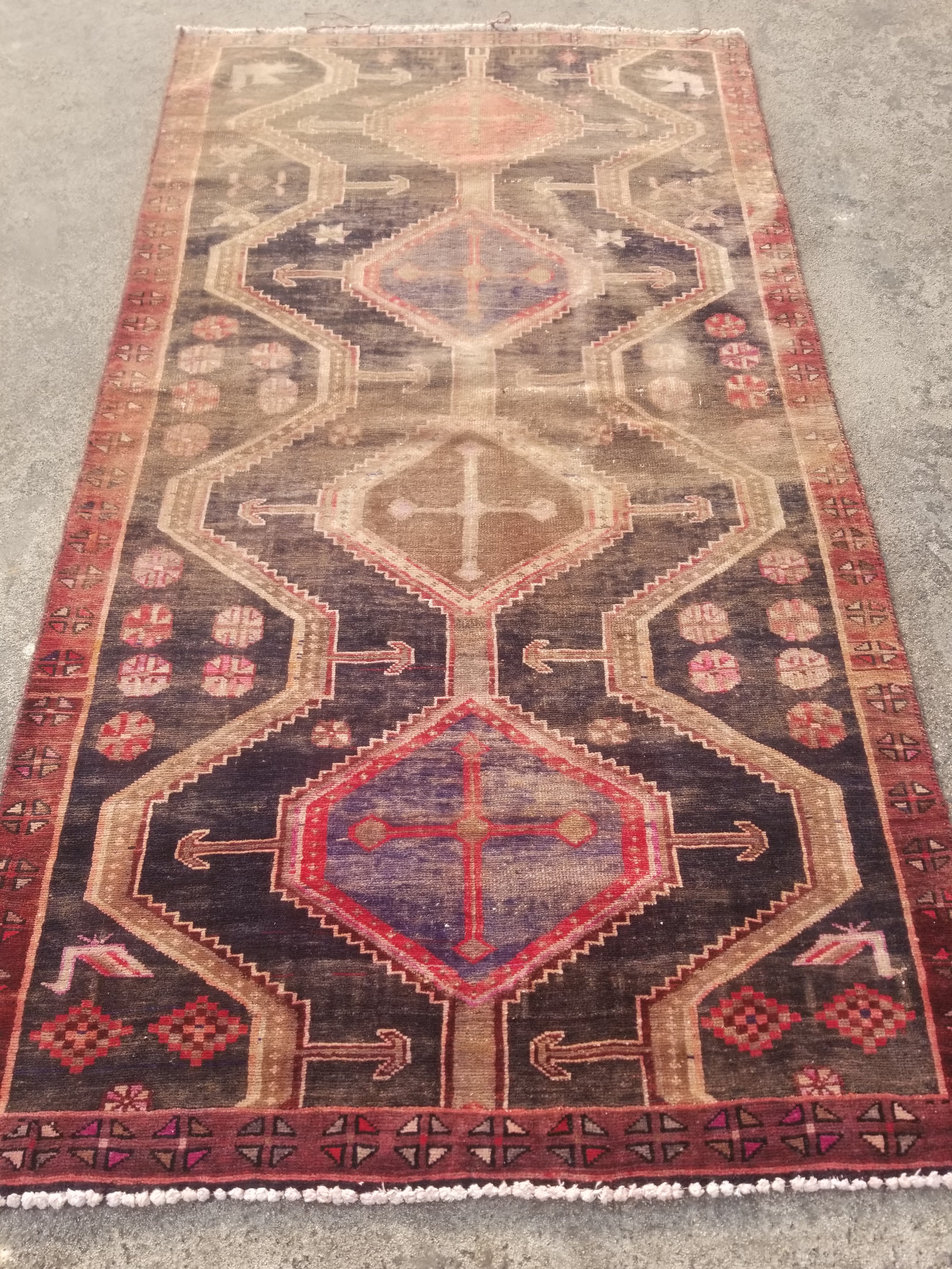 Distressed Vintage Handmade Caucasian Karabakh Wool Multicolor Rug 181x100cm