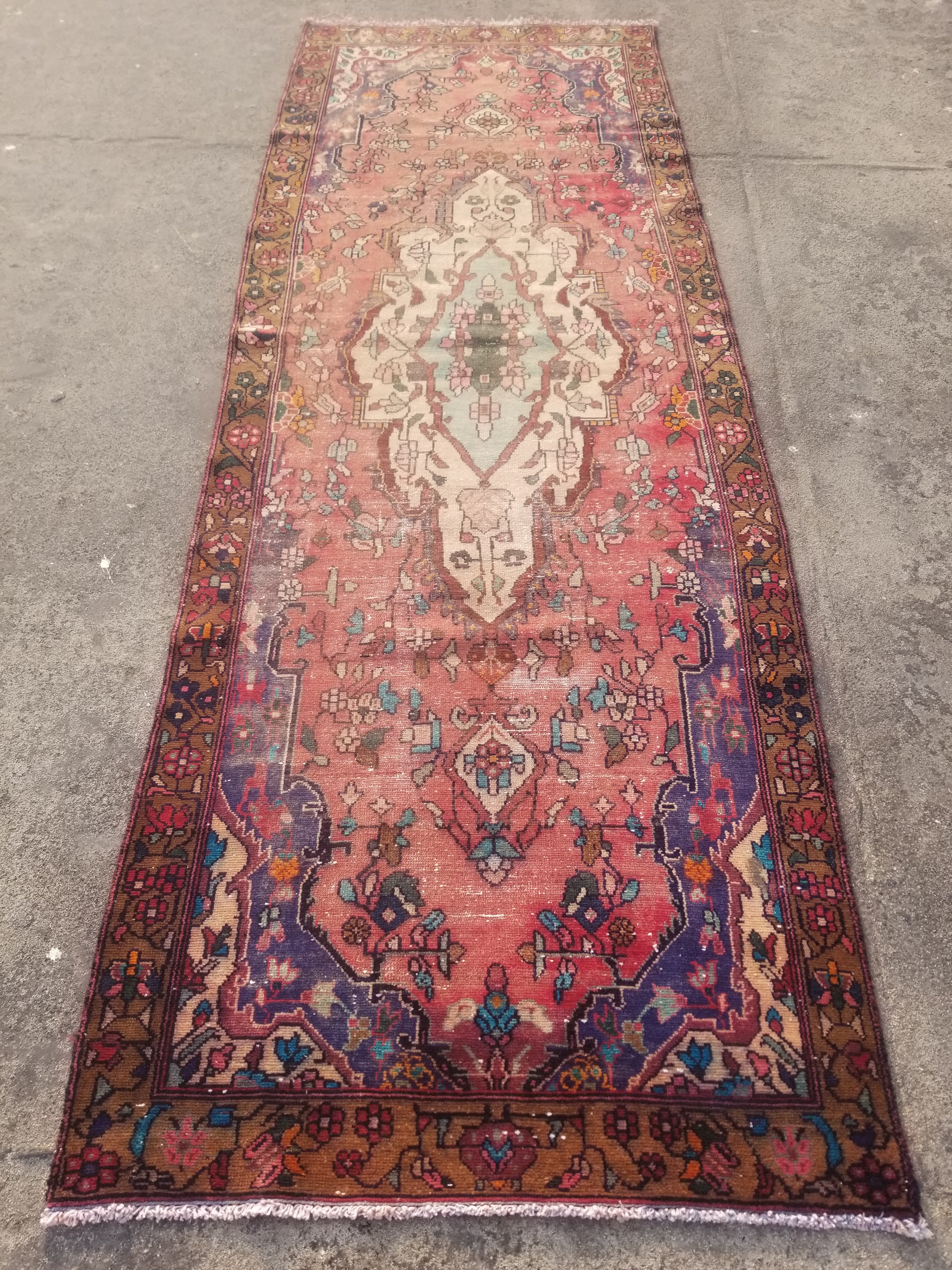 Distressed Vintage Traditional Handmade Oriental Wool Multicolor Rug 277x100cm