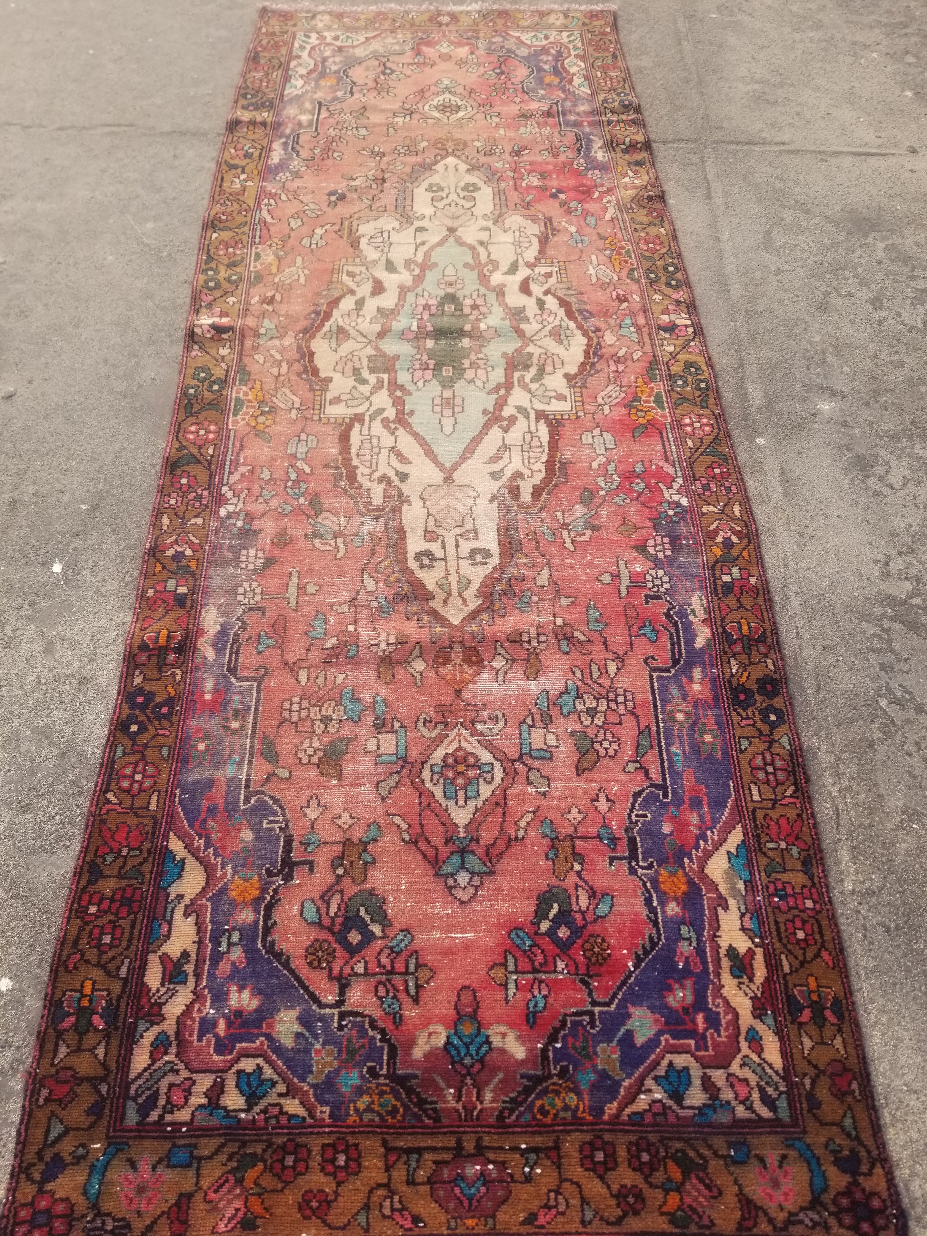 Distressed Vintage Traditional Handmade Oriental Wool Multicolor Rug 277x100cm