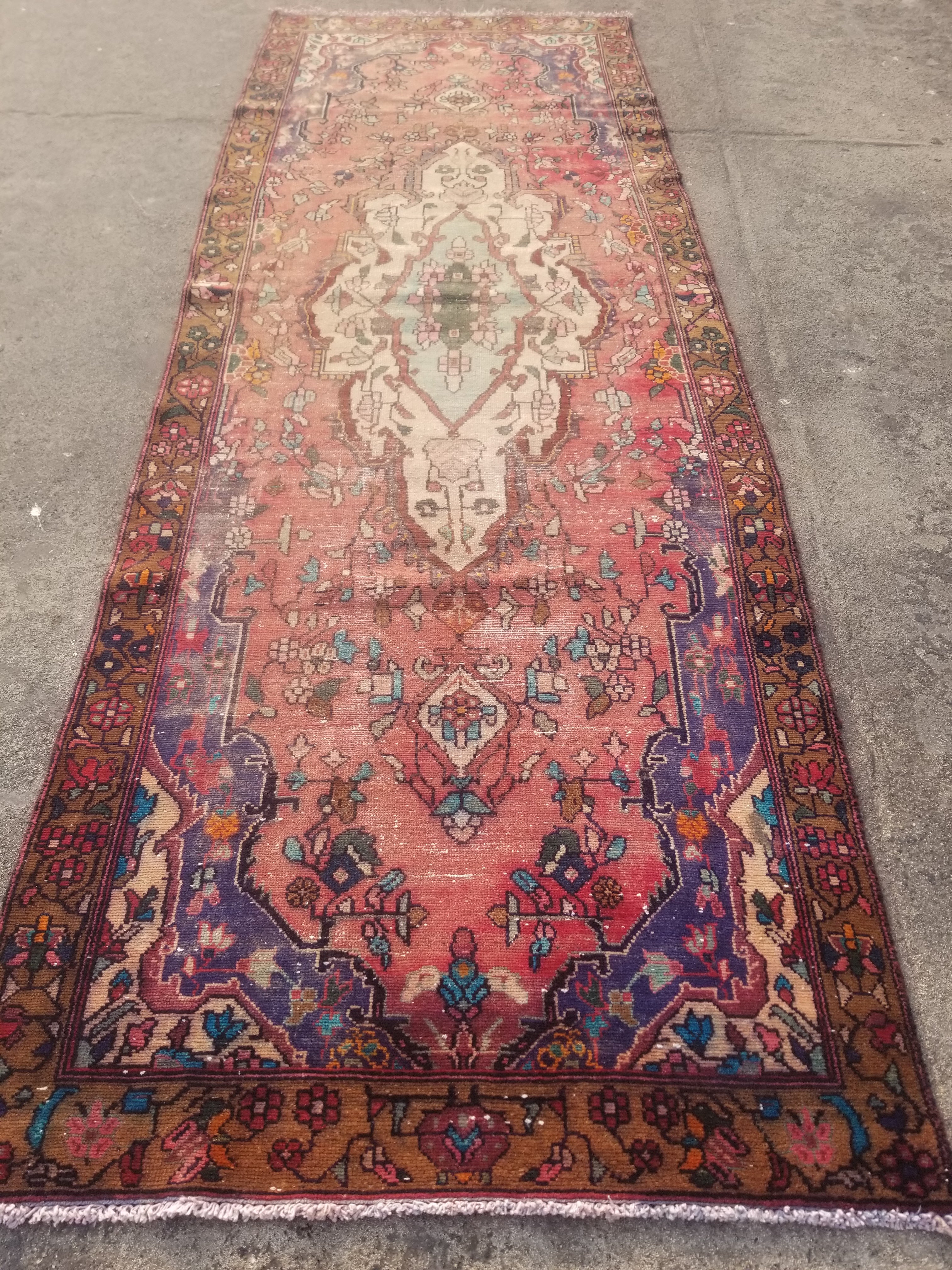 Distressed Vintage Traditional Handmade Oriental Wool Multicolor Rug 277x100cm