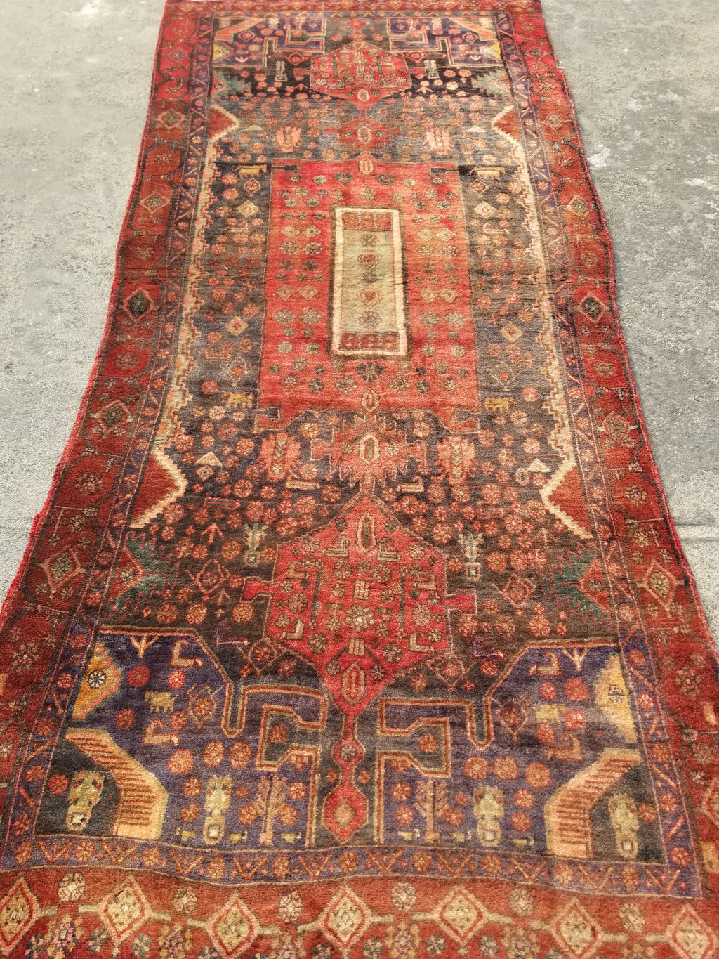 Distressed Antique Traditional Handmade Karabakh Wool Multicolor Rug 257x120cm