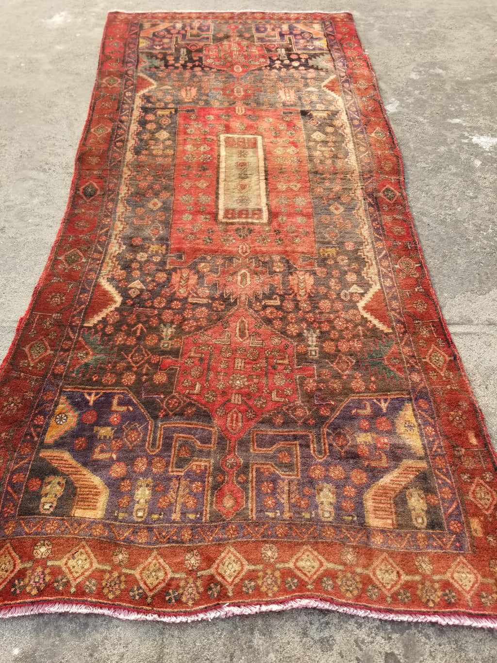 Distressed Antique Traditional Handmade Karabakh Wool Multicolor Rug 257x120cm
