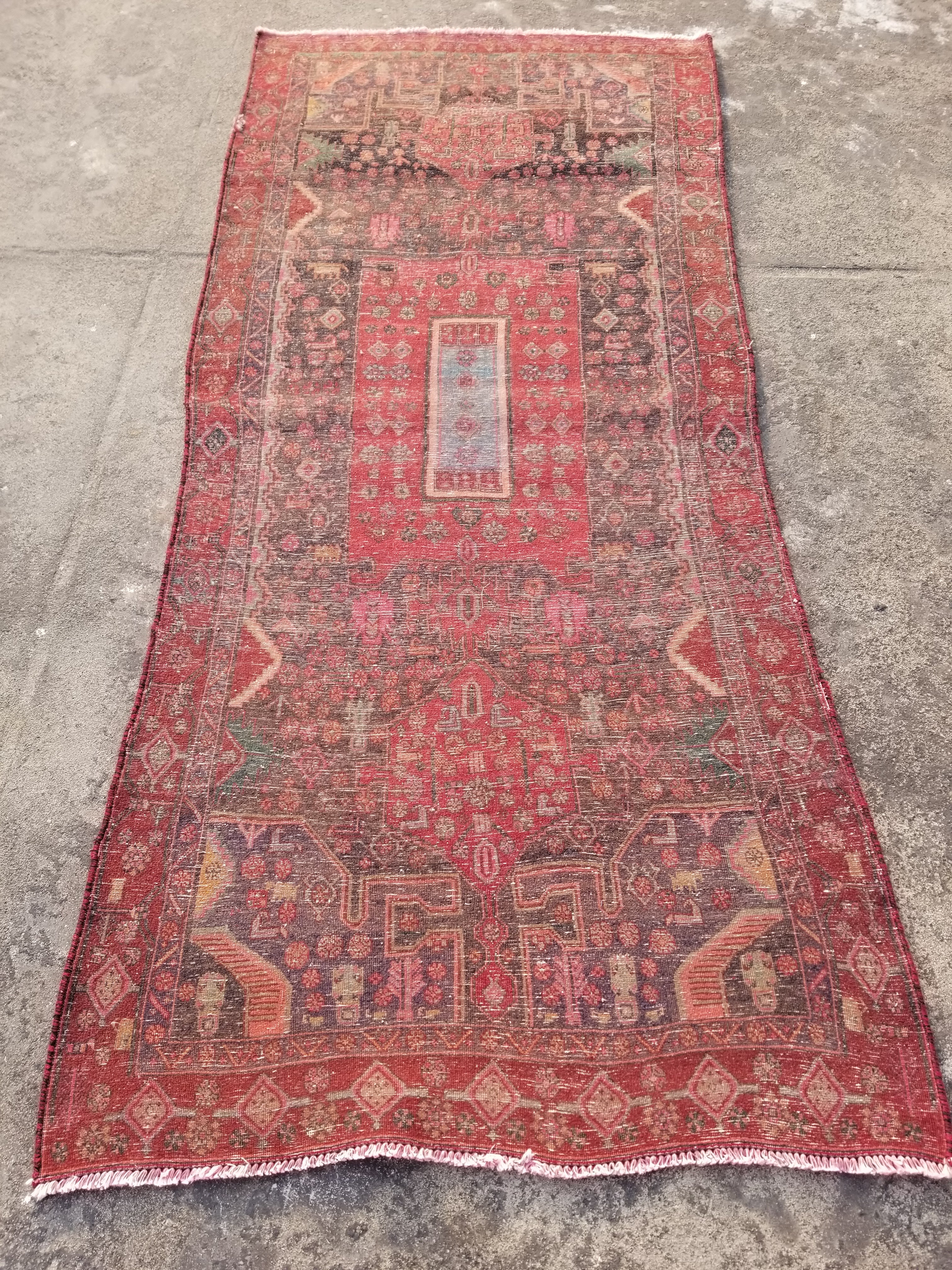 Distressed Antique Traditional Handmade Karabakh Wool Multicolor Rug 257x120cm