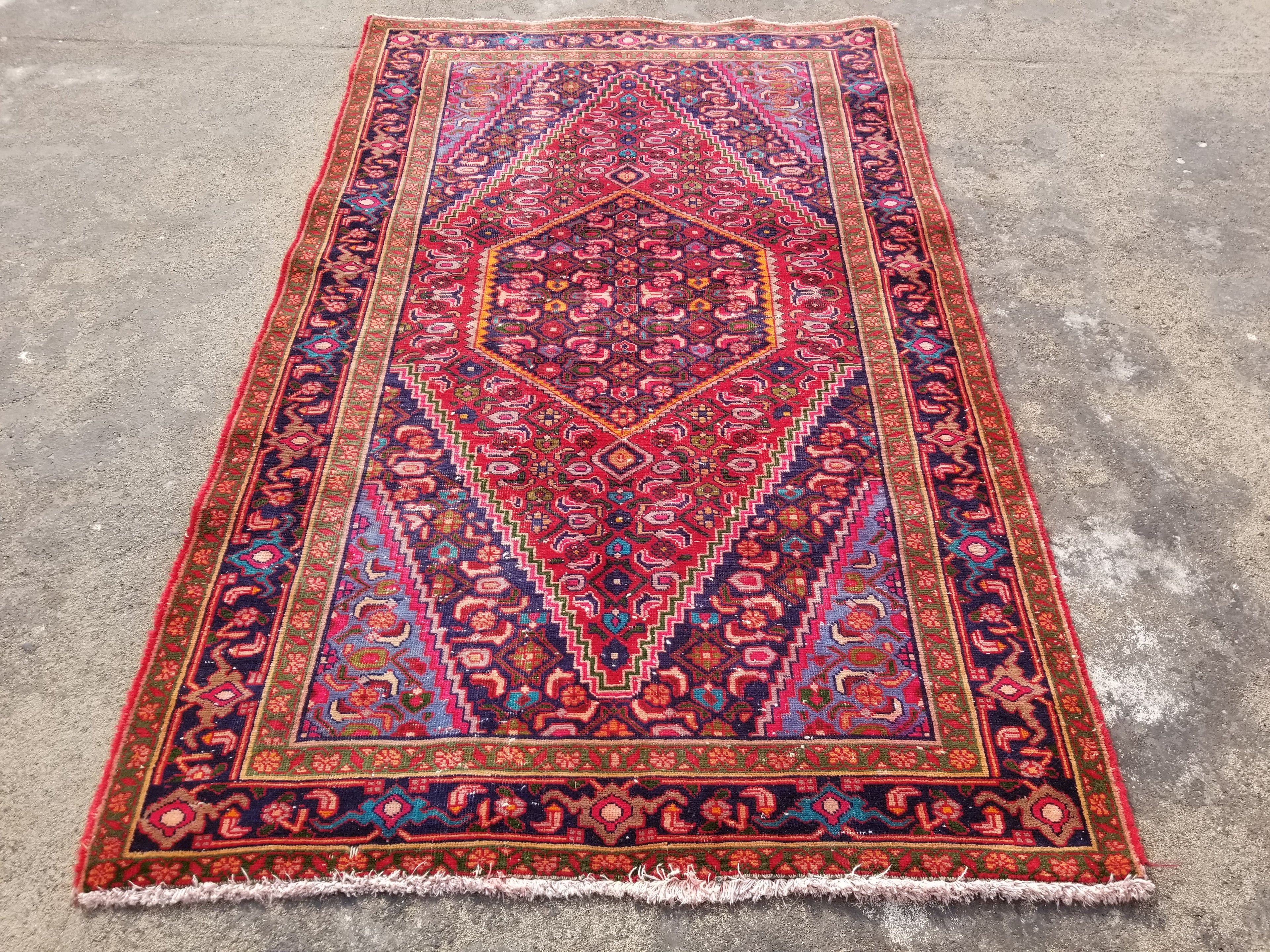 Distressed Vintage Handmade Hamadan Wool Multicolor Rug 199x120cm