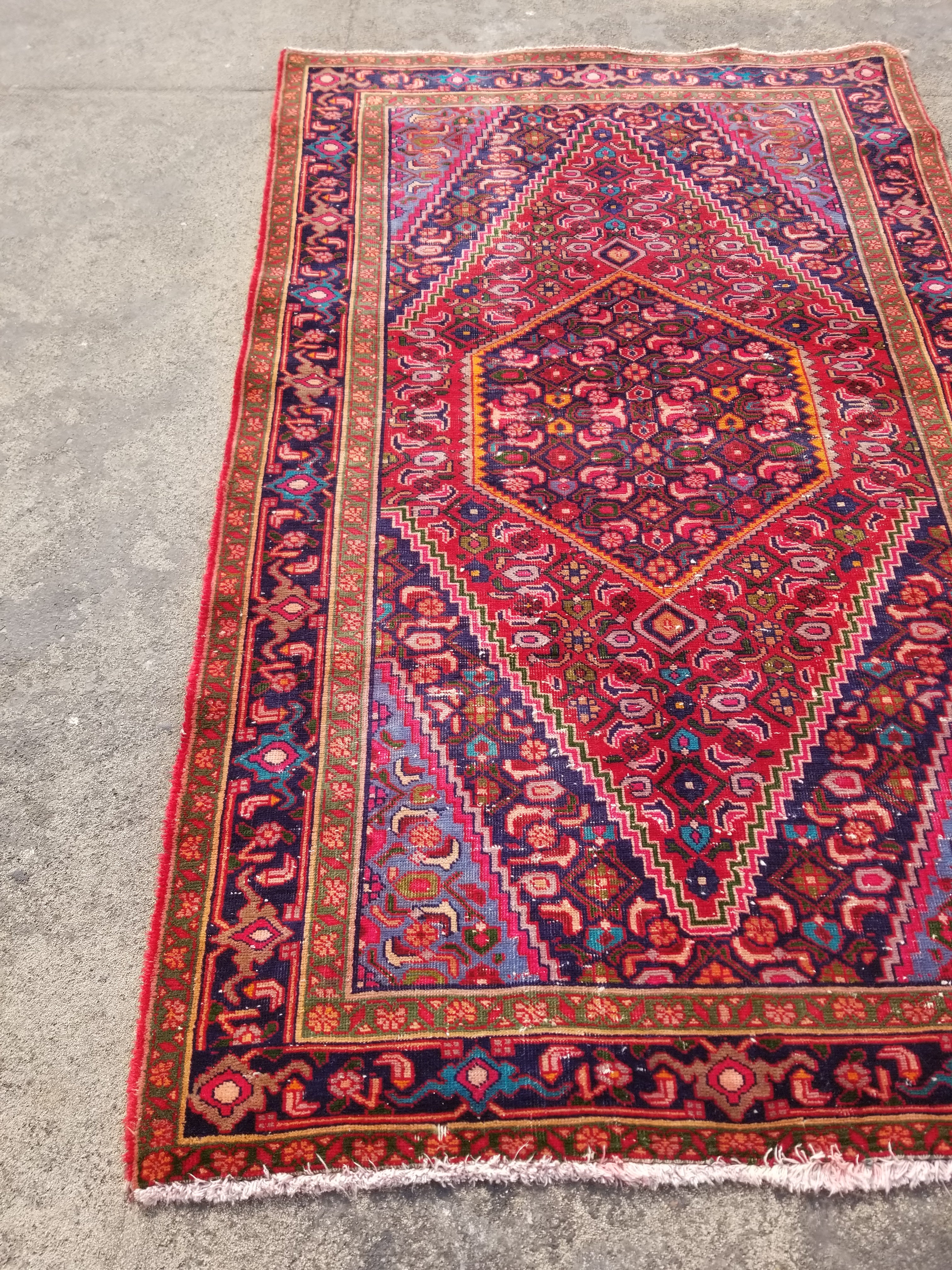 Distressed Vintage Handmade Hamadan Wool Multicolor Rug 199x120cm