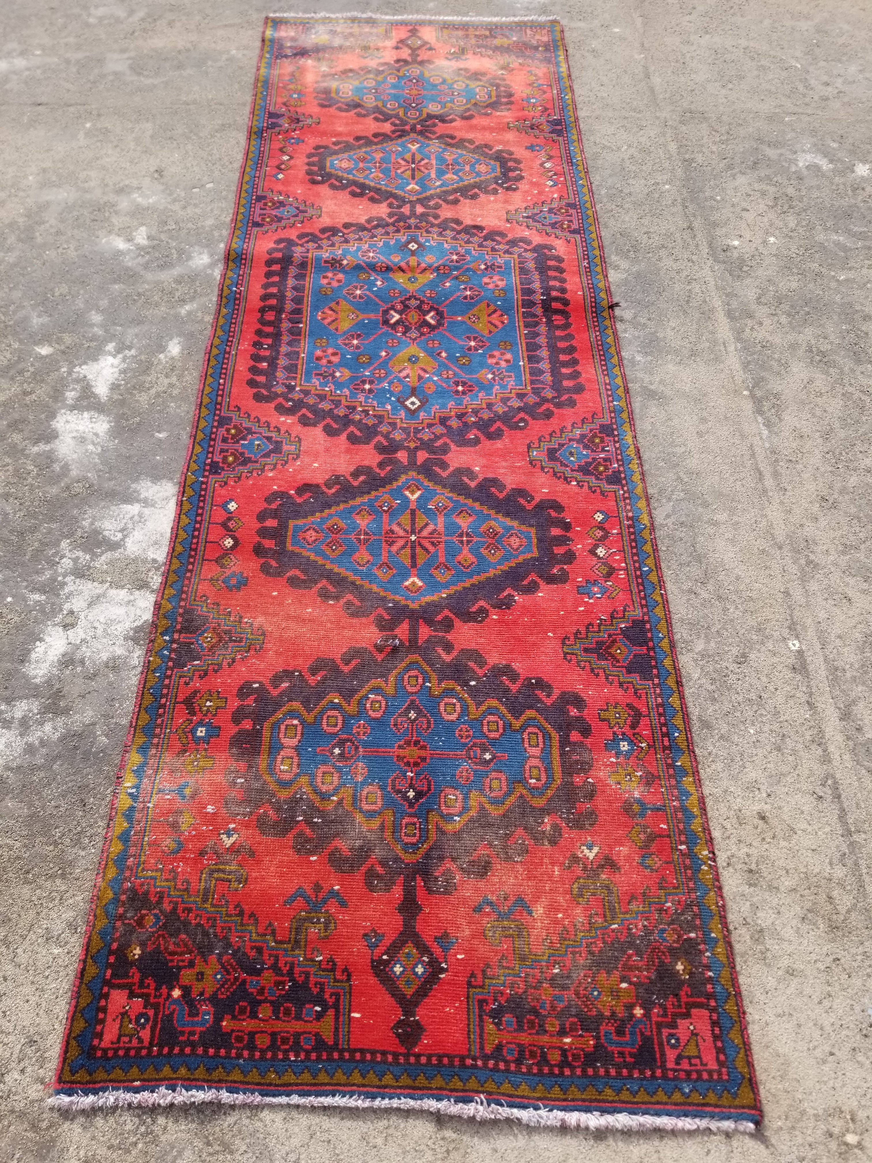 Distressed Vintage Handmade Turkish Oushak Wool Multicolor Runner Rug 284x85cm