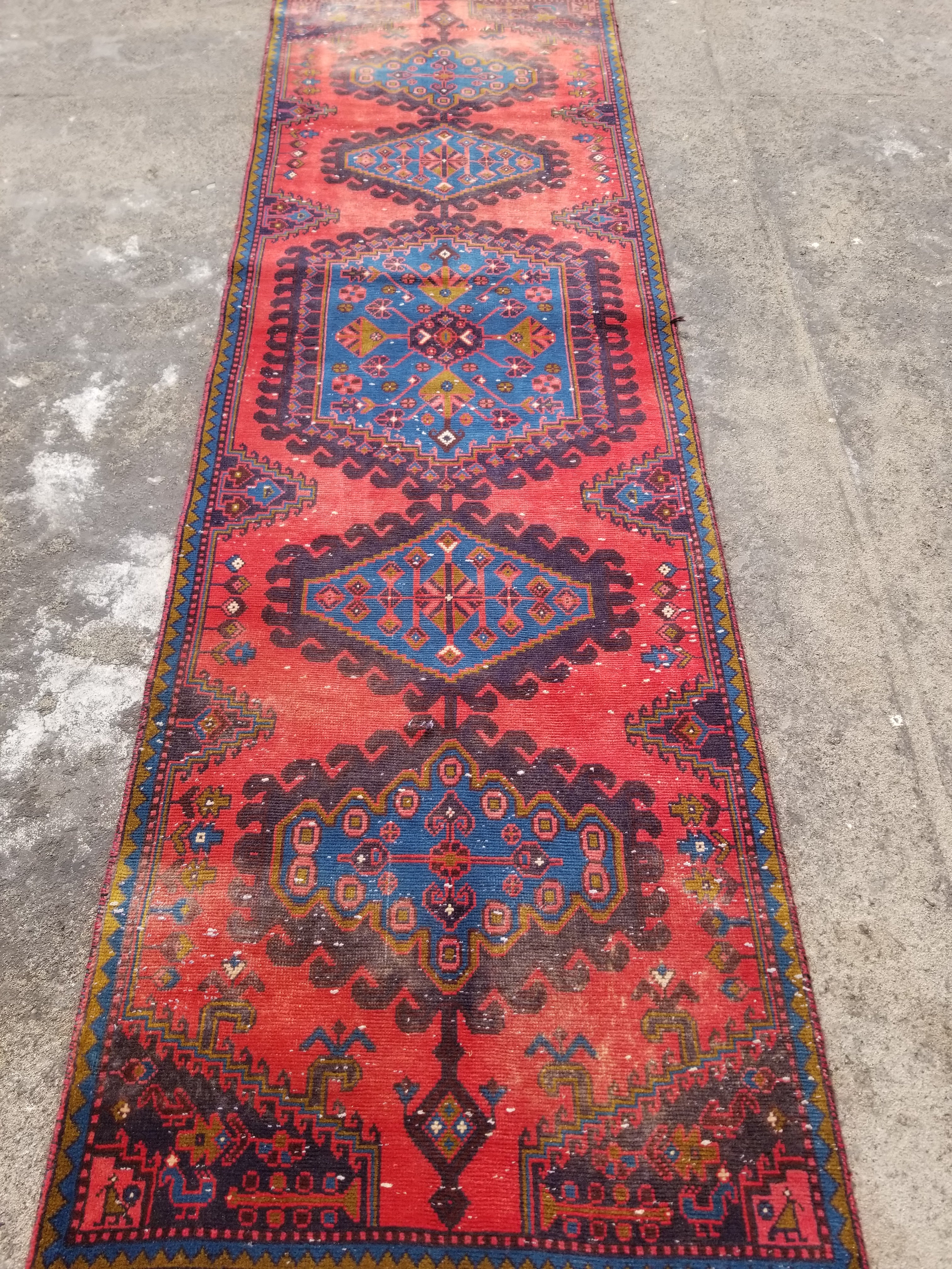 Distressed Vintage Handmade Turkish Oushak Wool Multicolor Runner Rug 284x85cm
