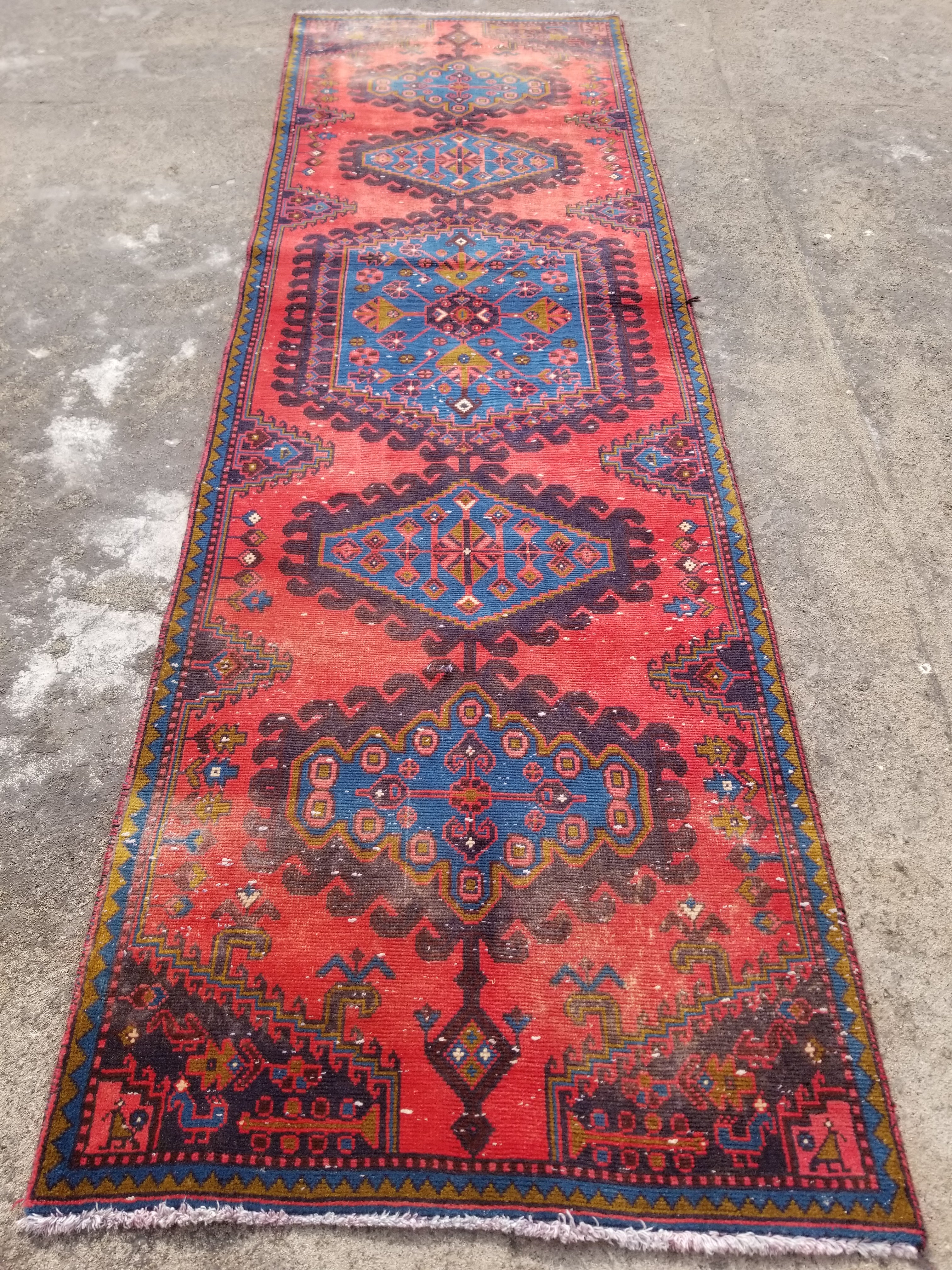 Distressed Vintage Handmade Turkish Oushak Wool Multicolor Runner Rug 284x85cm