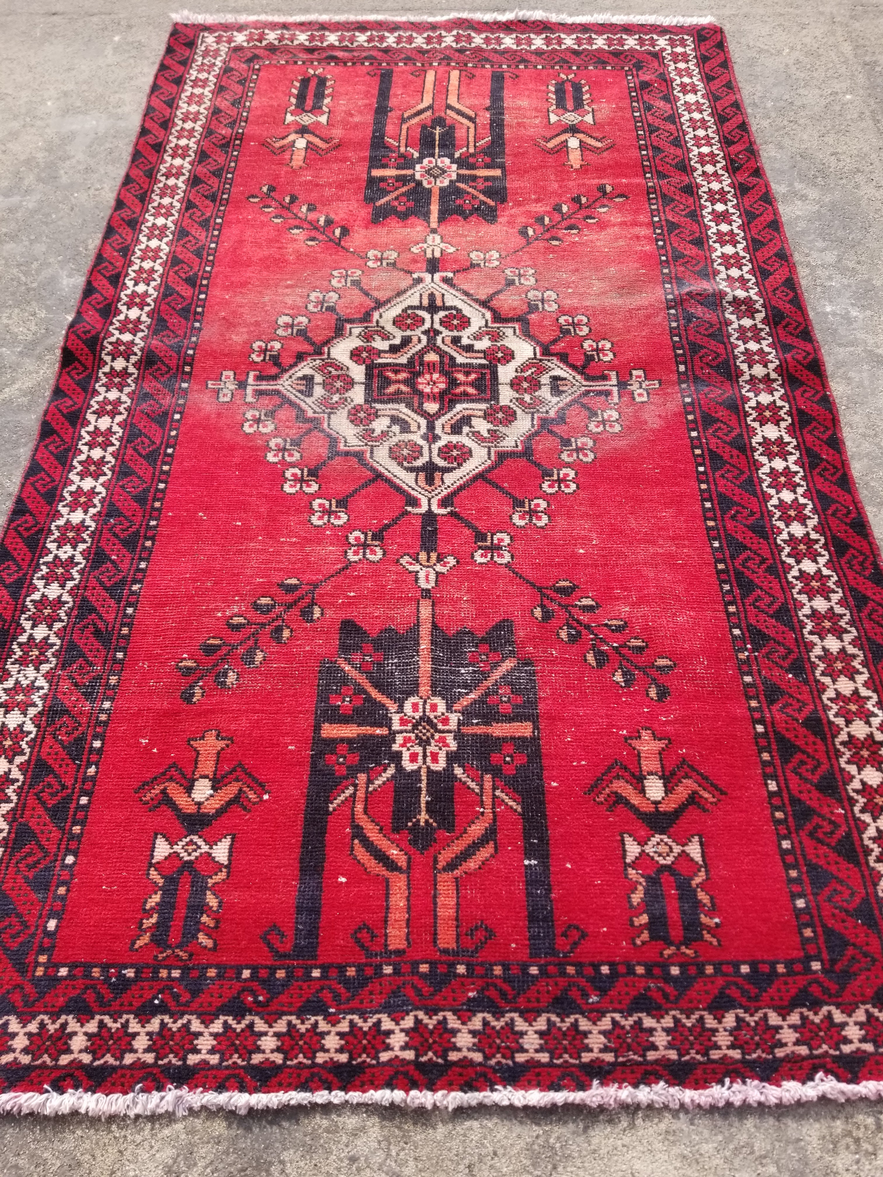 Distressed Vintage Handmade Turkish Anatolian Wool Multicolor Rug 200x117cm