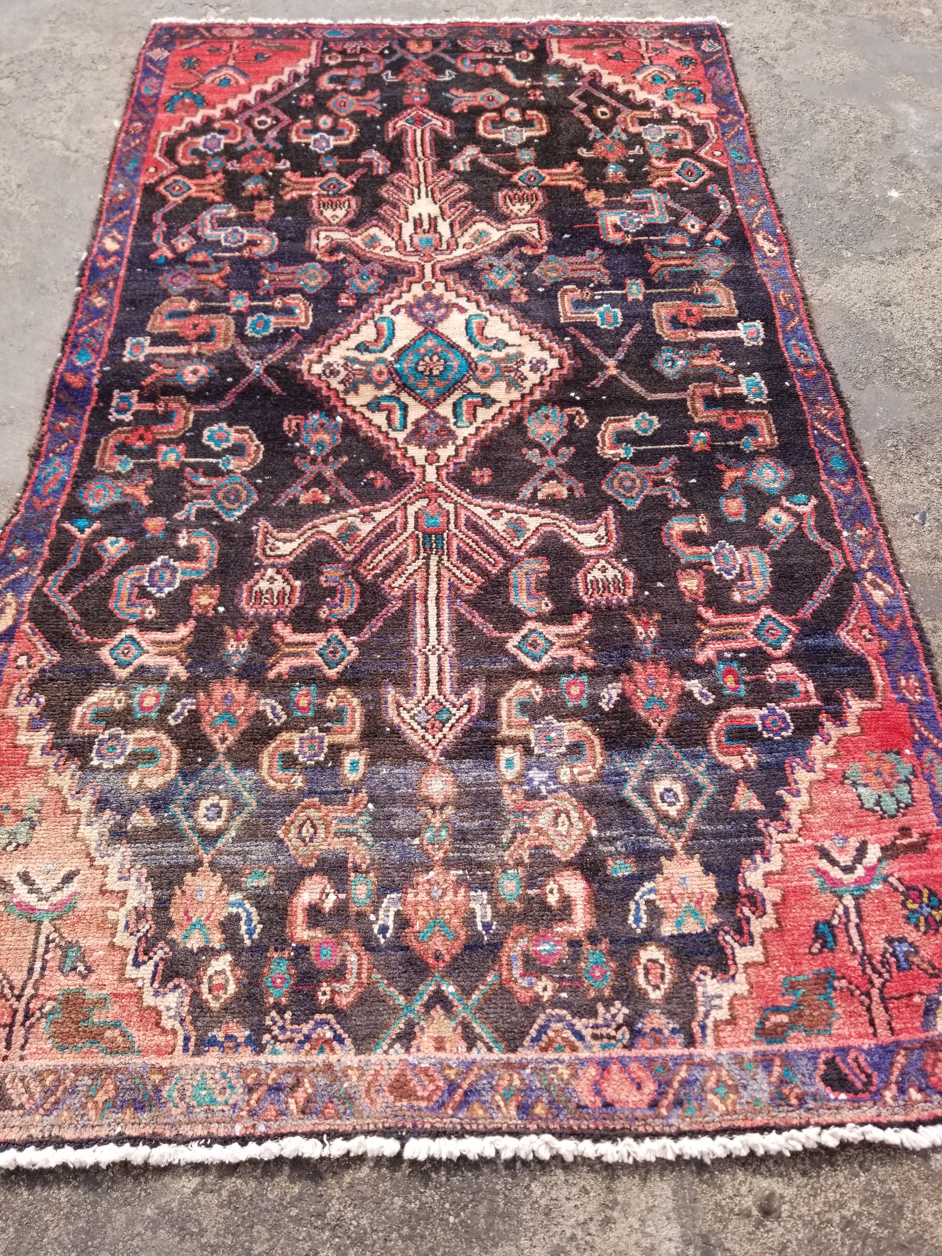 Distressed Vintage Traditional Handmade Hamadan Wool Multicolor Rug 165x97cm