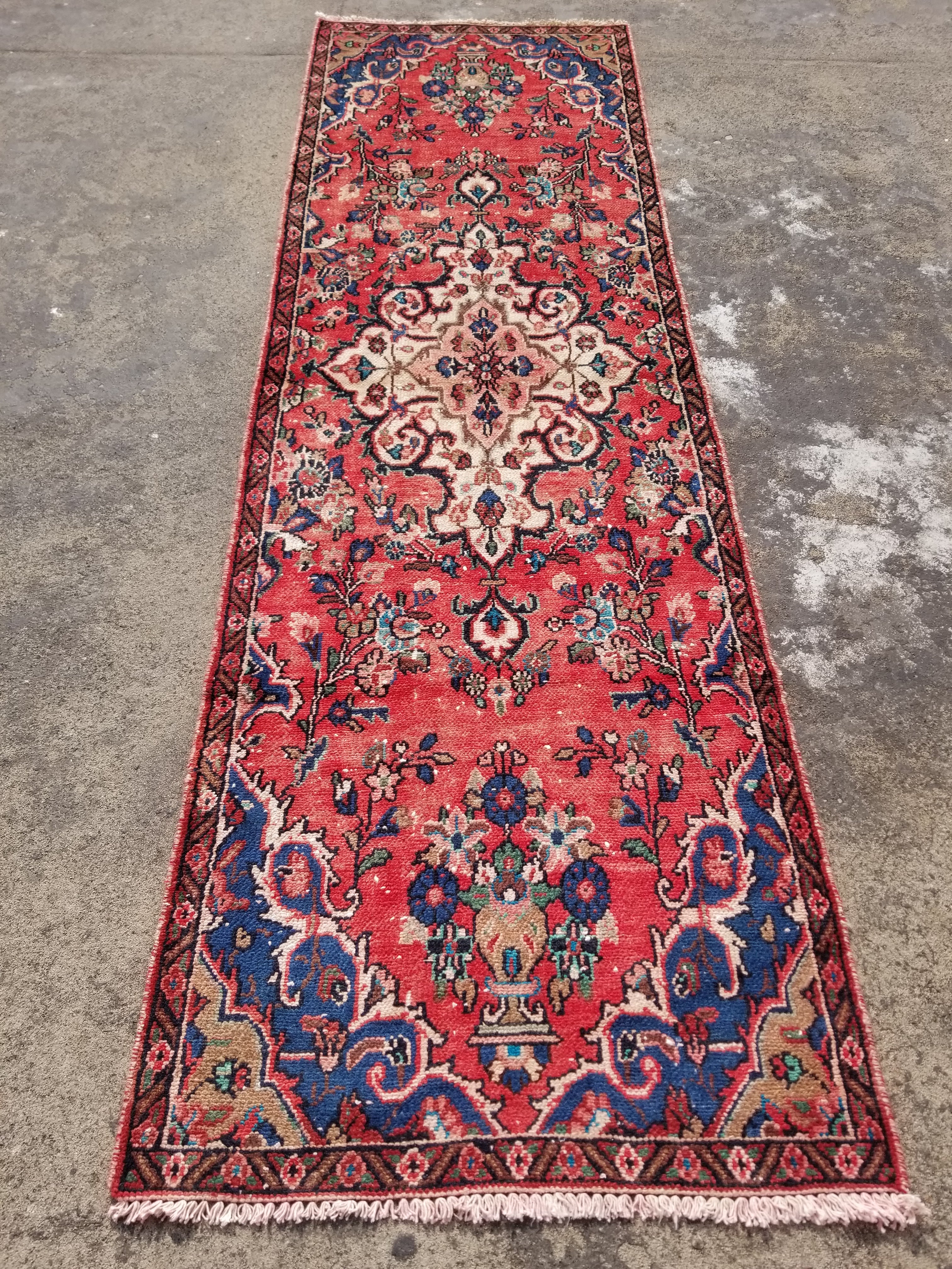 Distressed Vintage Handmade Hamadan Wool Multicolor Runner Rug 274x88cm