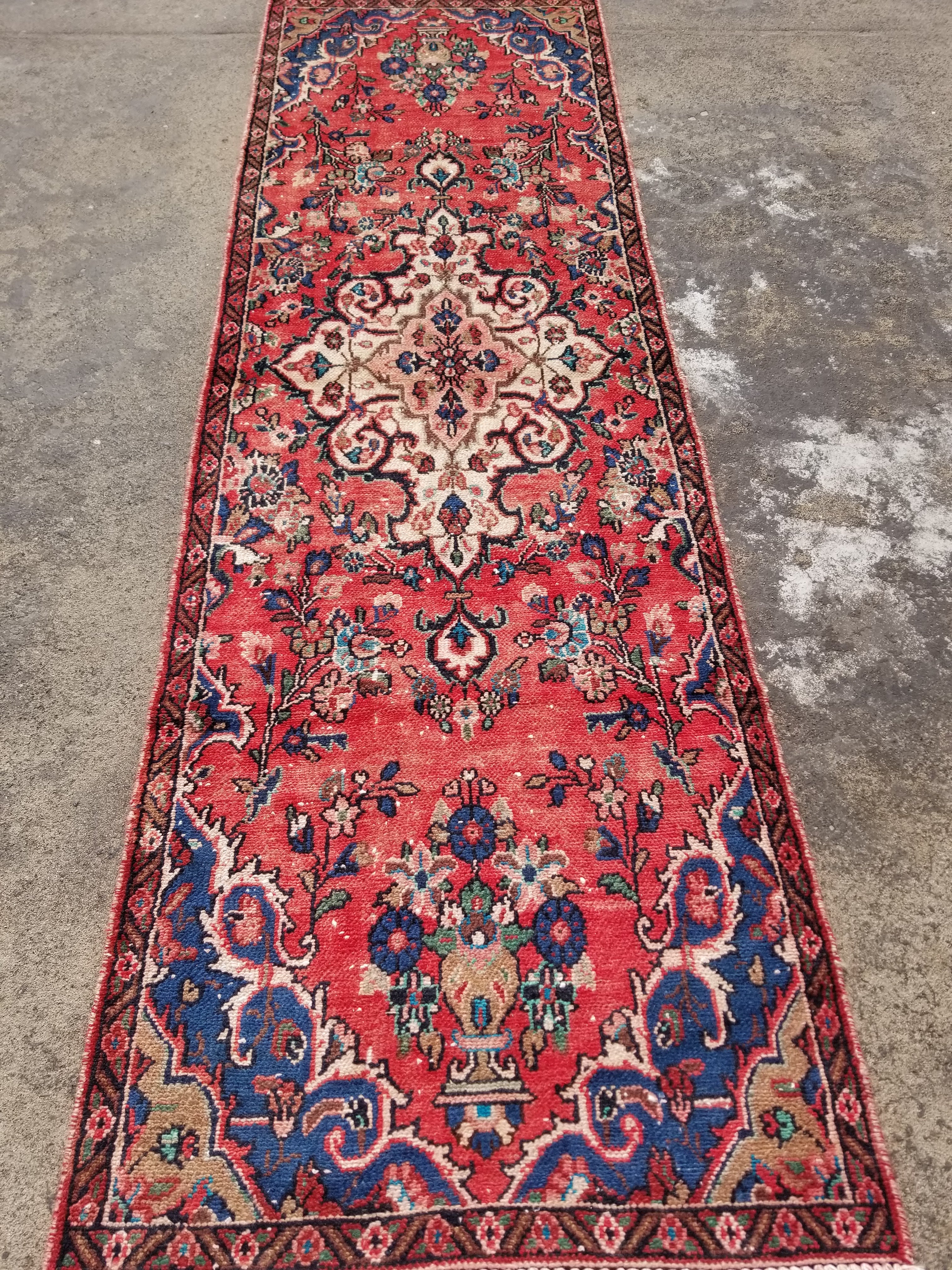 Distressed Vintage Handmade Hamadan Wool Multicolor Runner Rug 274x88cm