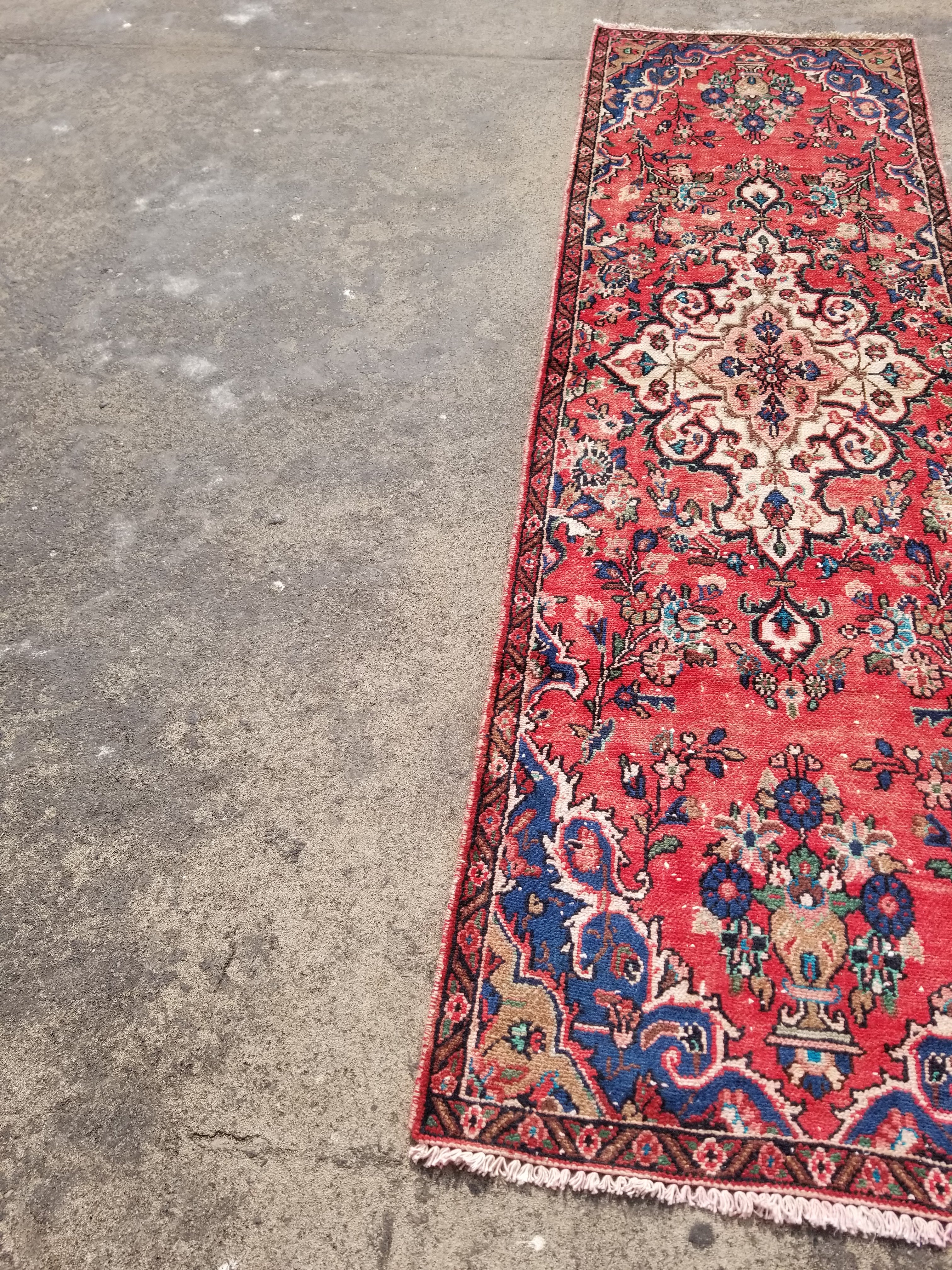 Distressed Vintage Handmade Hamadan Wool Multicolor Runner Rug 274x88cm