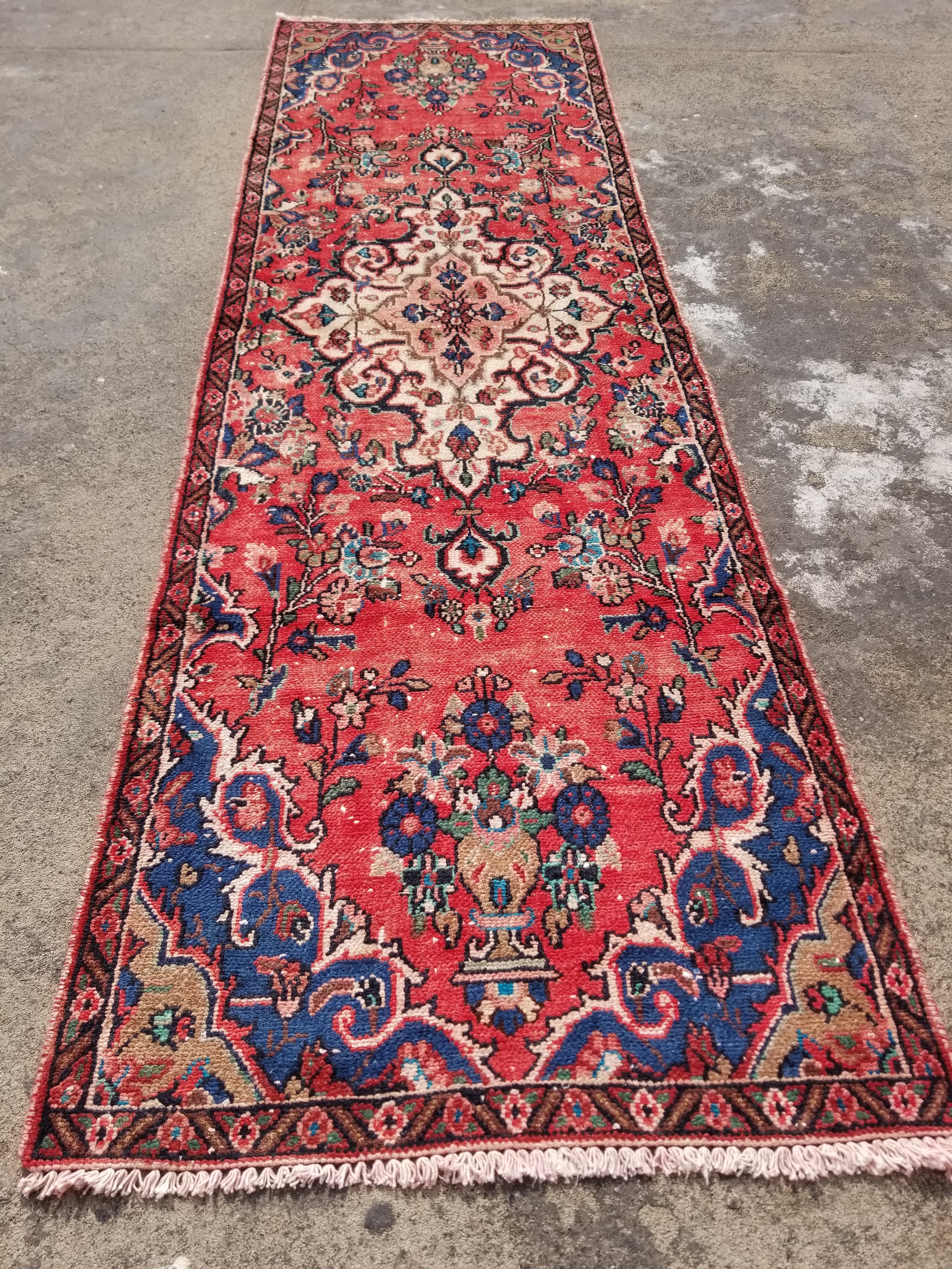 Distressed Vintage Handmade Hamadan Wool Multicolor Runner Rug 274x88cm