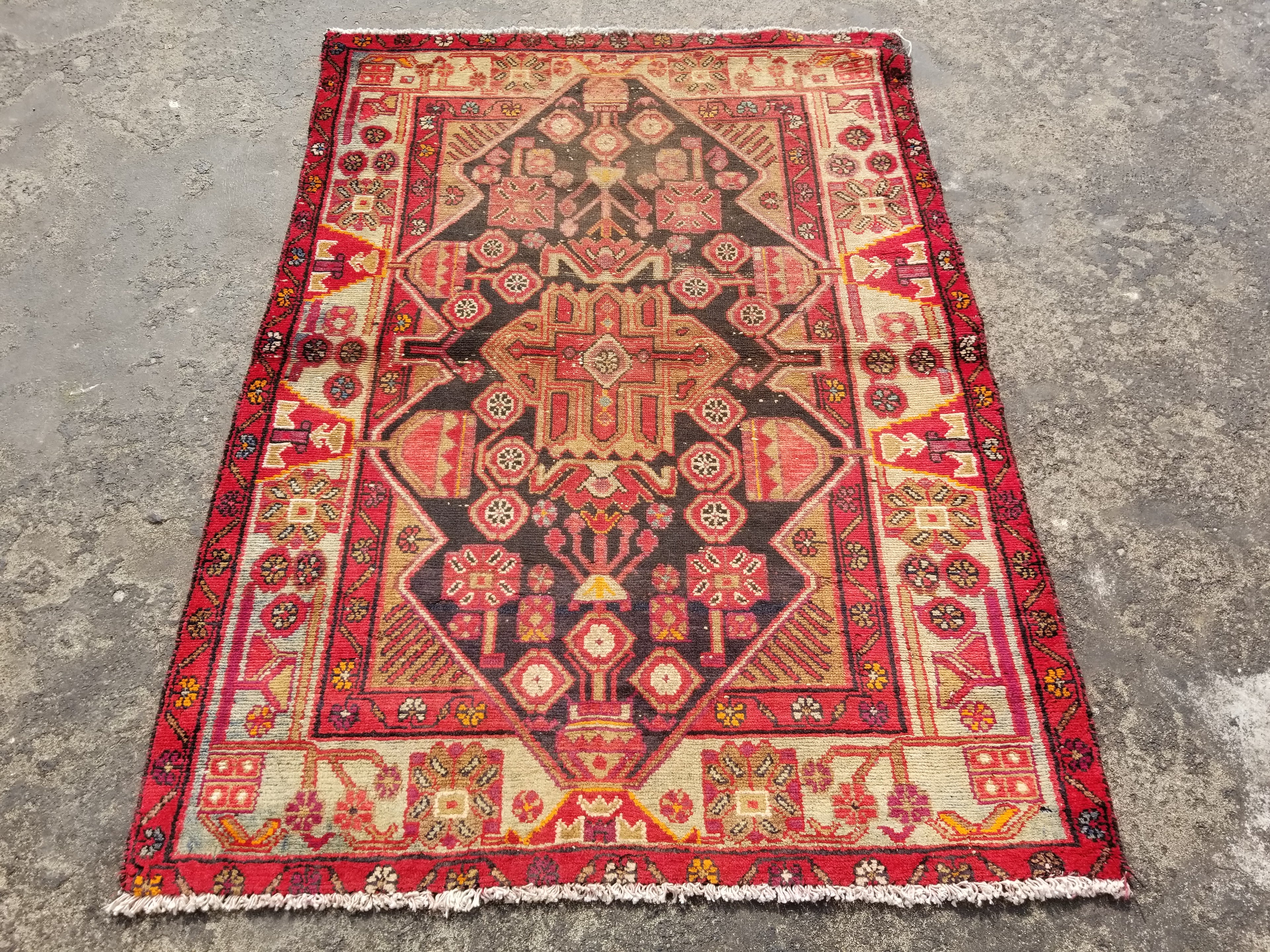 Distressed Vintage Traditional Handmade Hamadan Wool Multicolor Rug 145x105cm