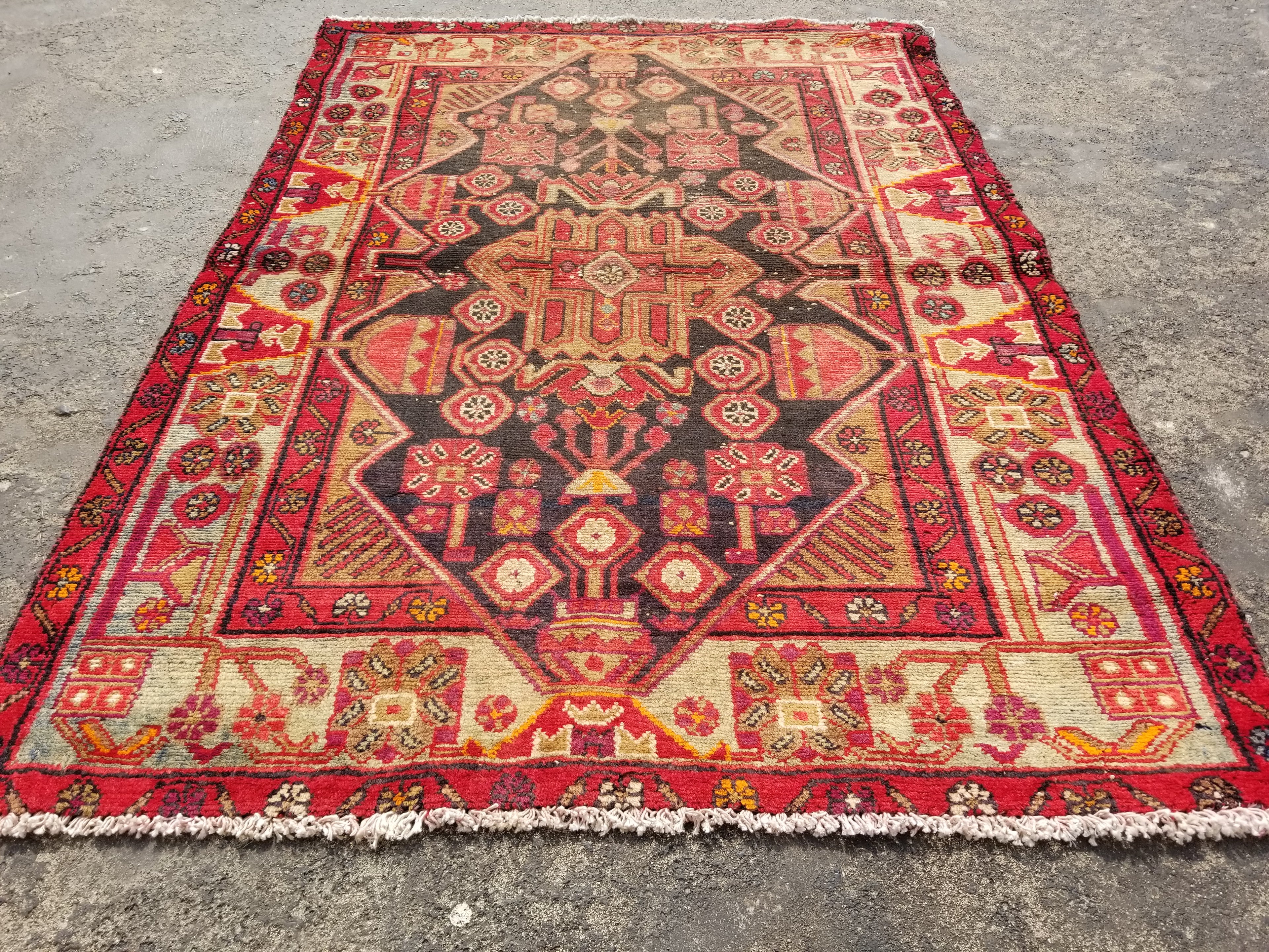 Distressed Vintage Traditional Handmade Hamadan Wool Multicolor Rug 145x105cm