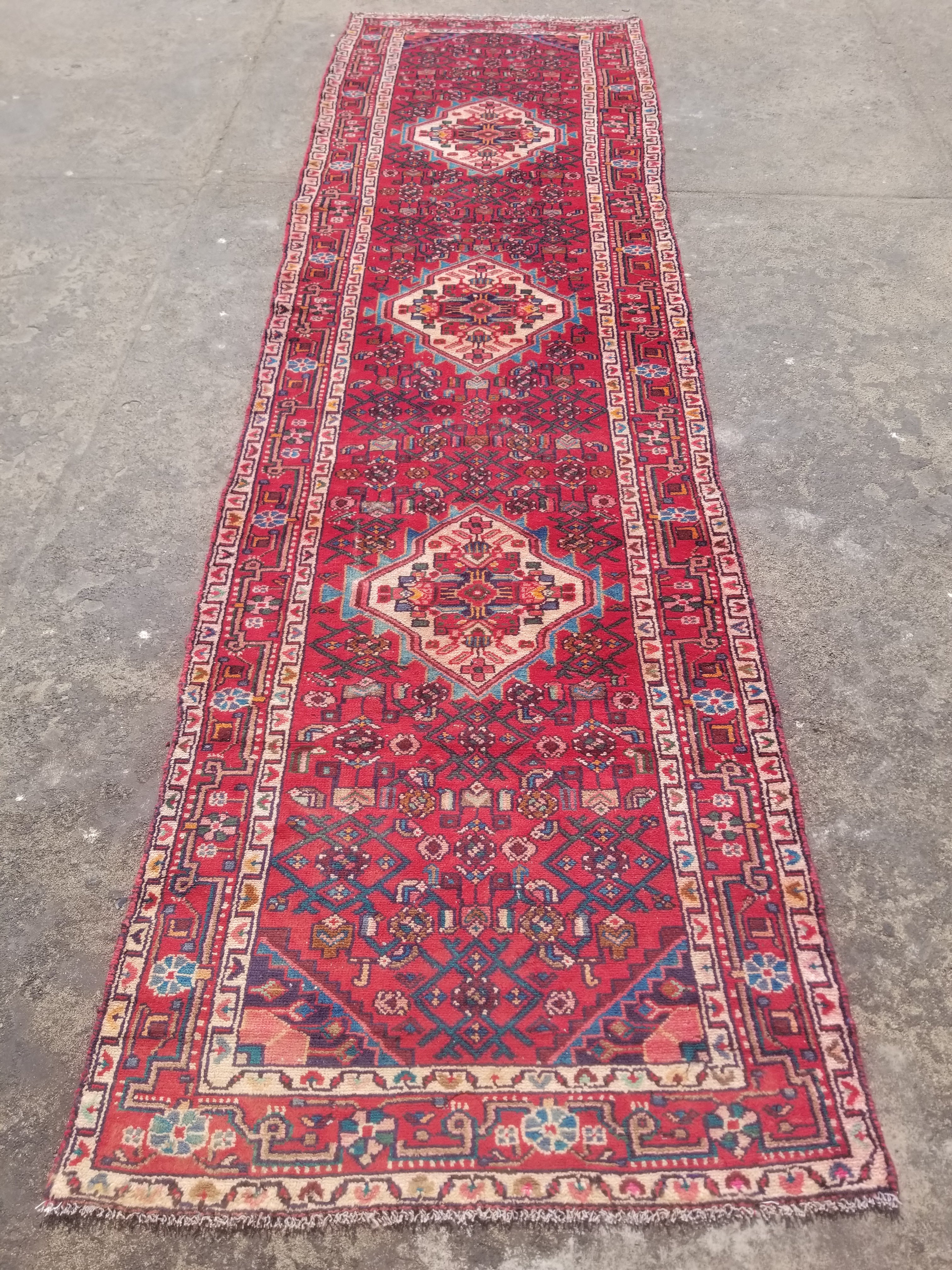 Vintage Traditional Handmade Hamadan Wool Multicolor Runner Rug 375x100cm