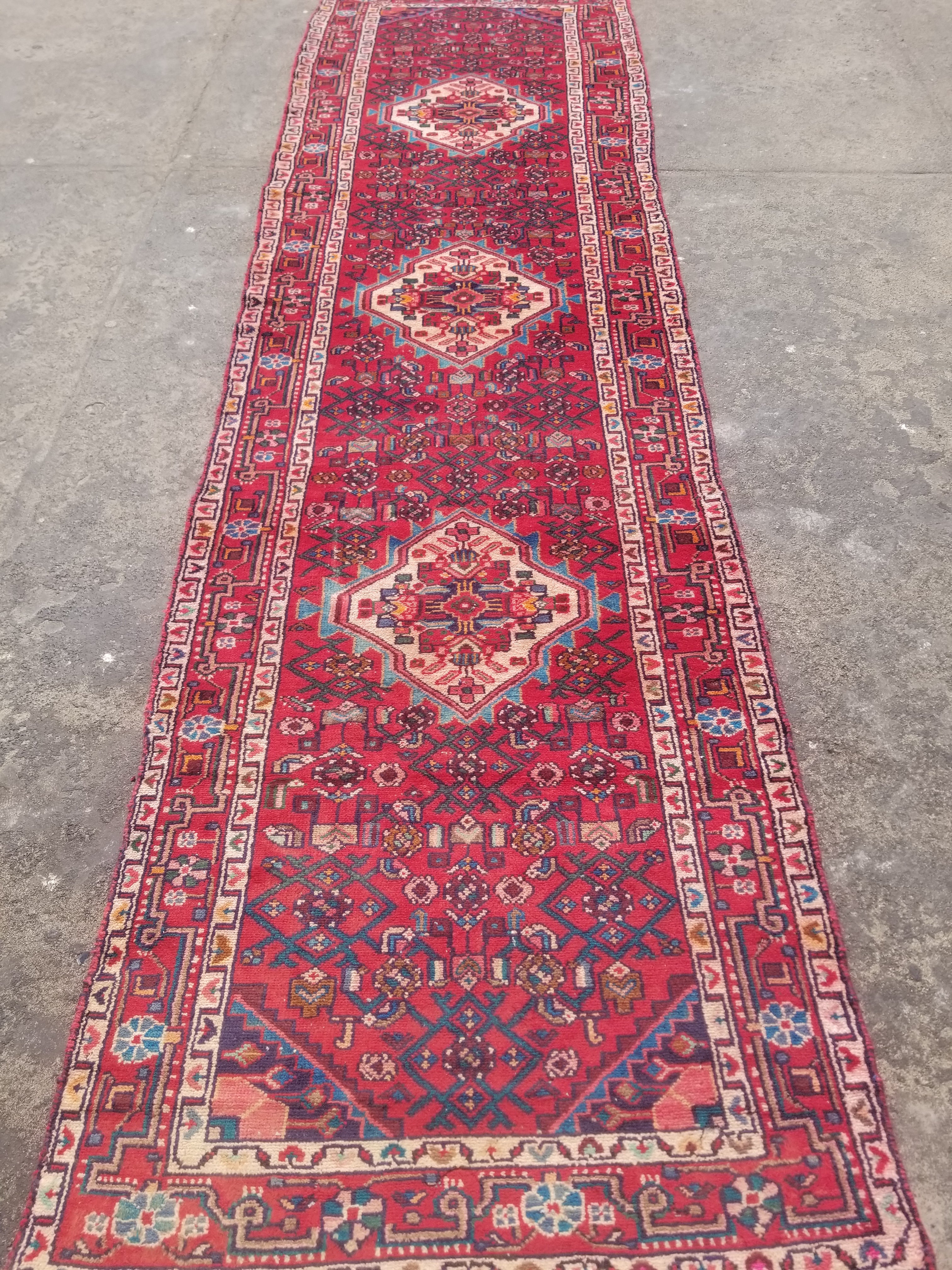 Vintage Traditional Handmade Hamadan Wool Multicolor Runner Rug 375x100cm
