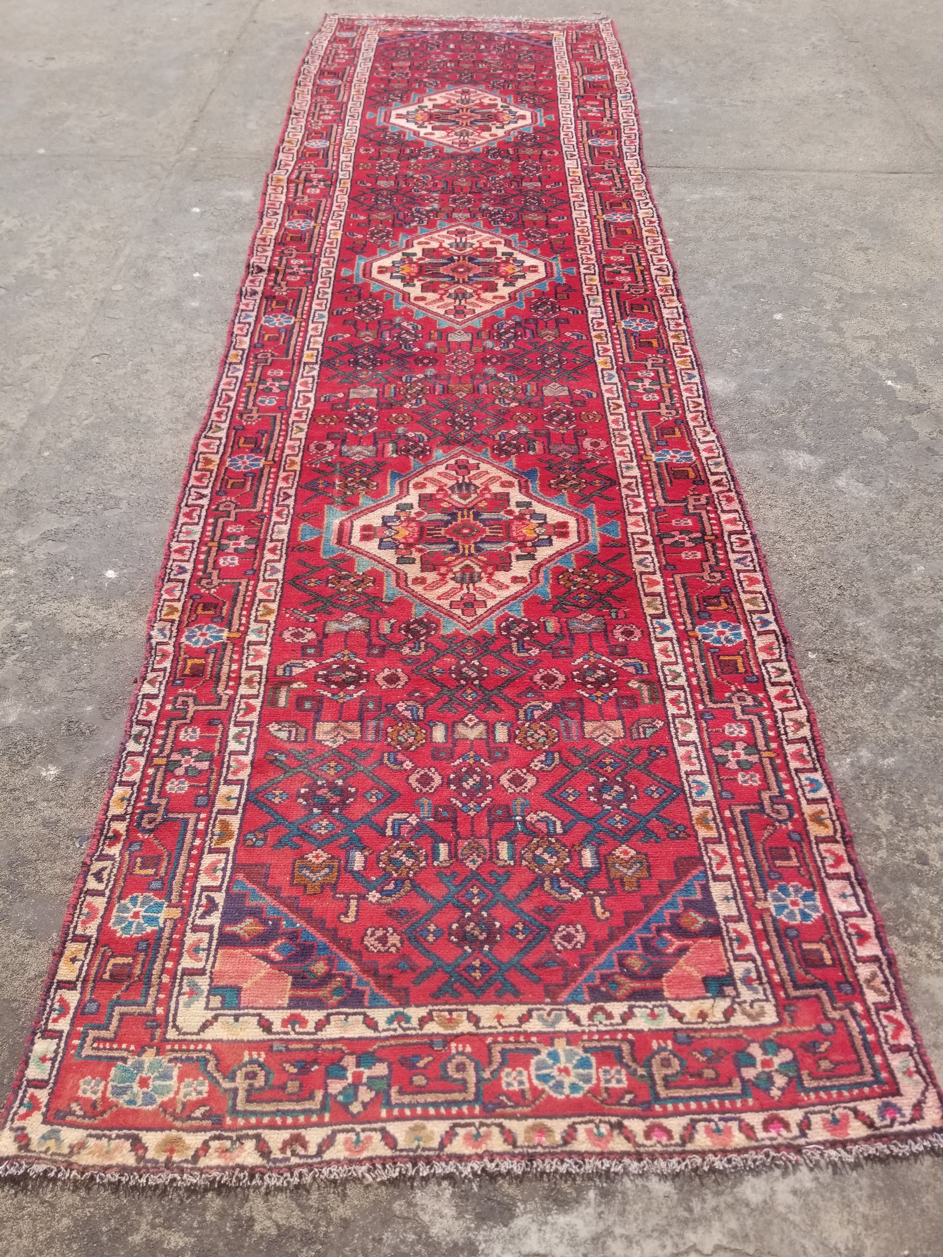 Vintage Traditional Handmade Hamadan Wool Multicolor Runner Rug 375x100cm
