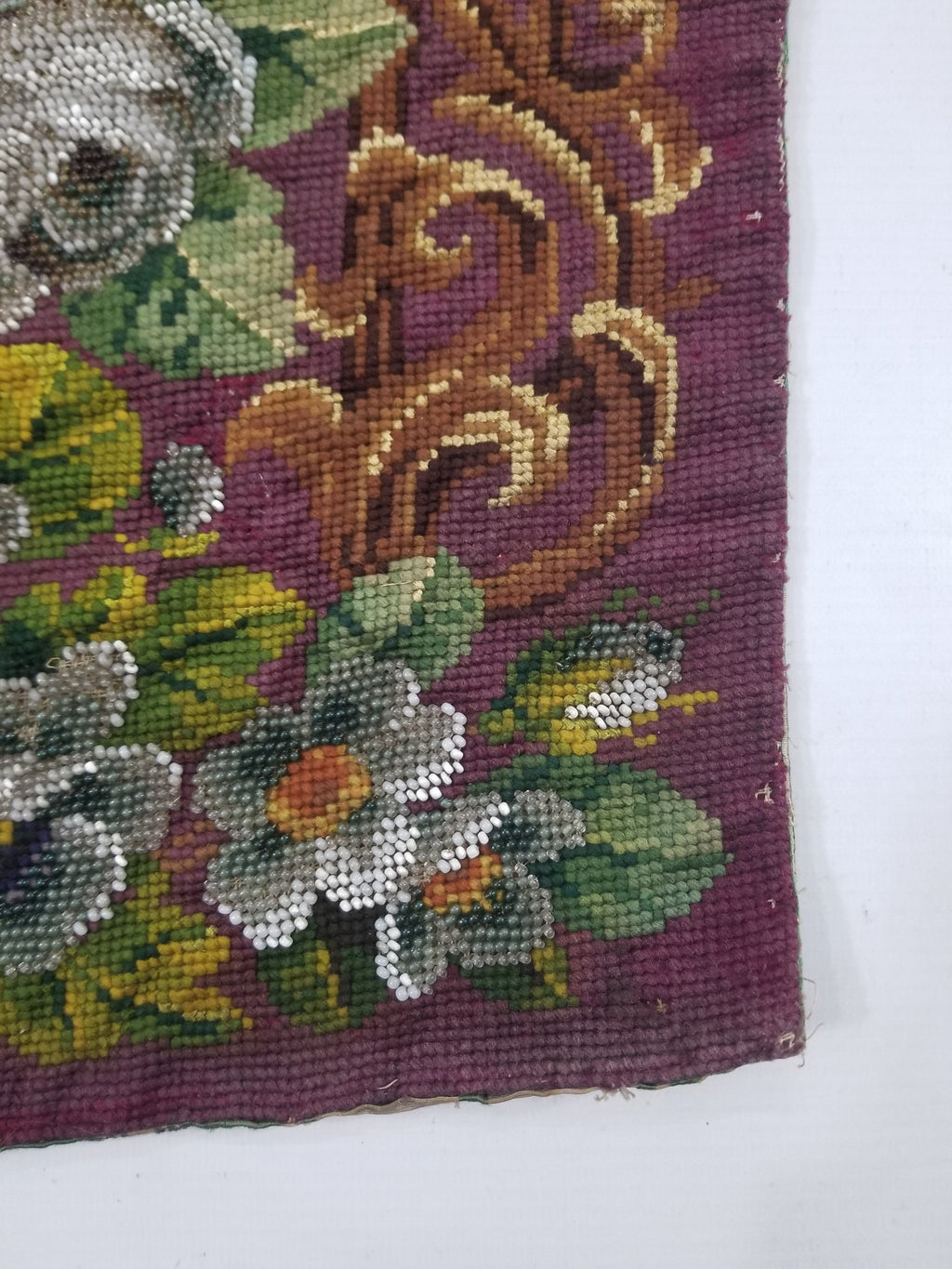 Antique Victorian Needlepoint Beaded Floral Tapestry 45x37cm