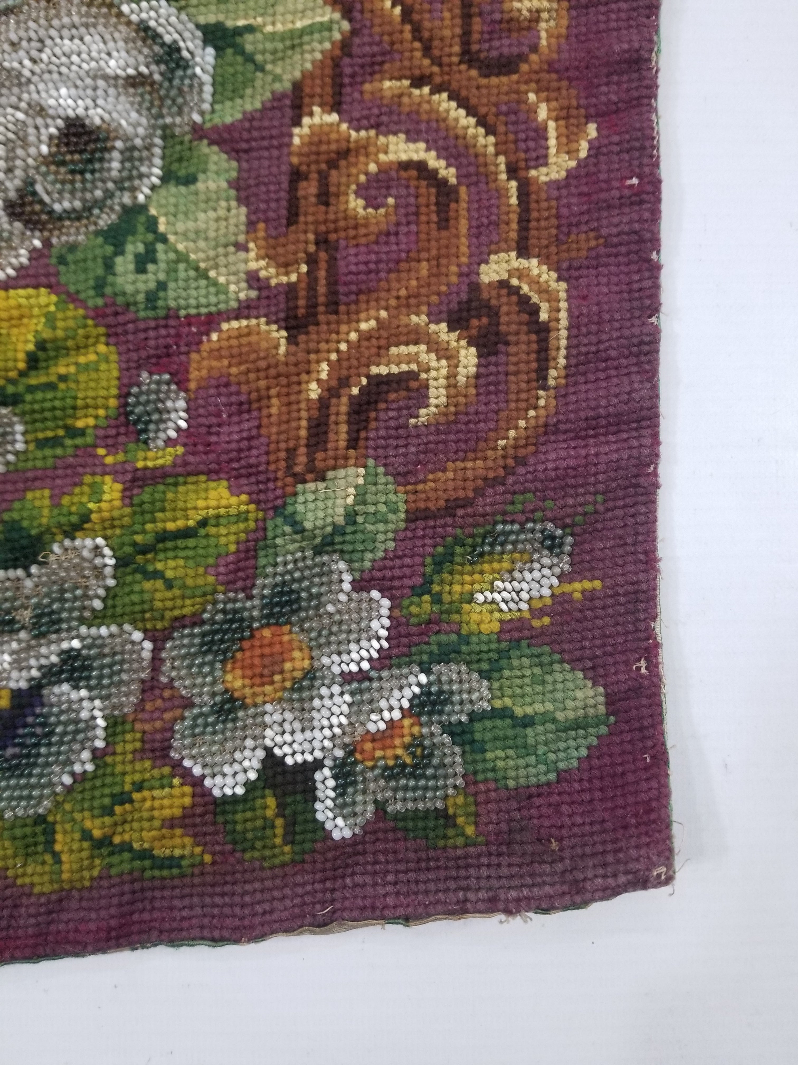 Antique Victorian Needlepoint Beaded Floral Tapestry 45x37cm