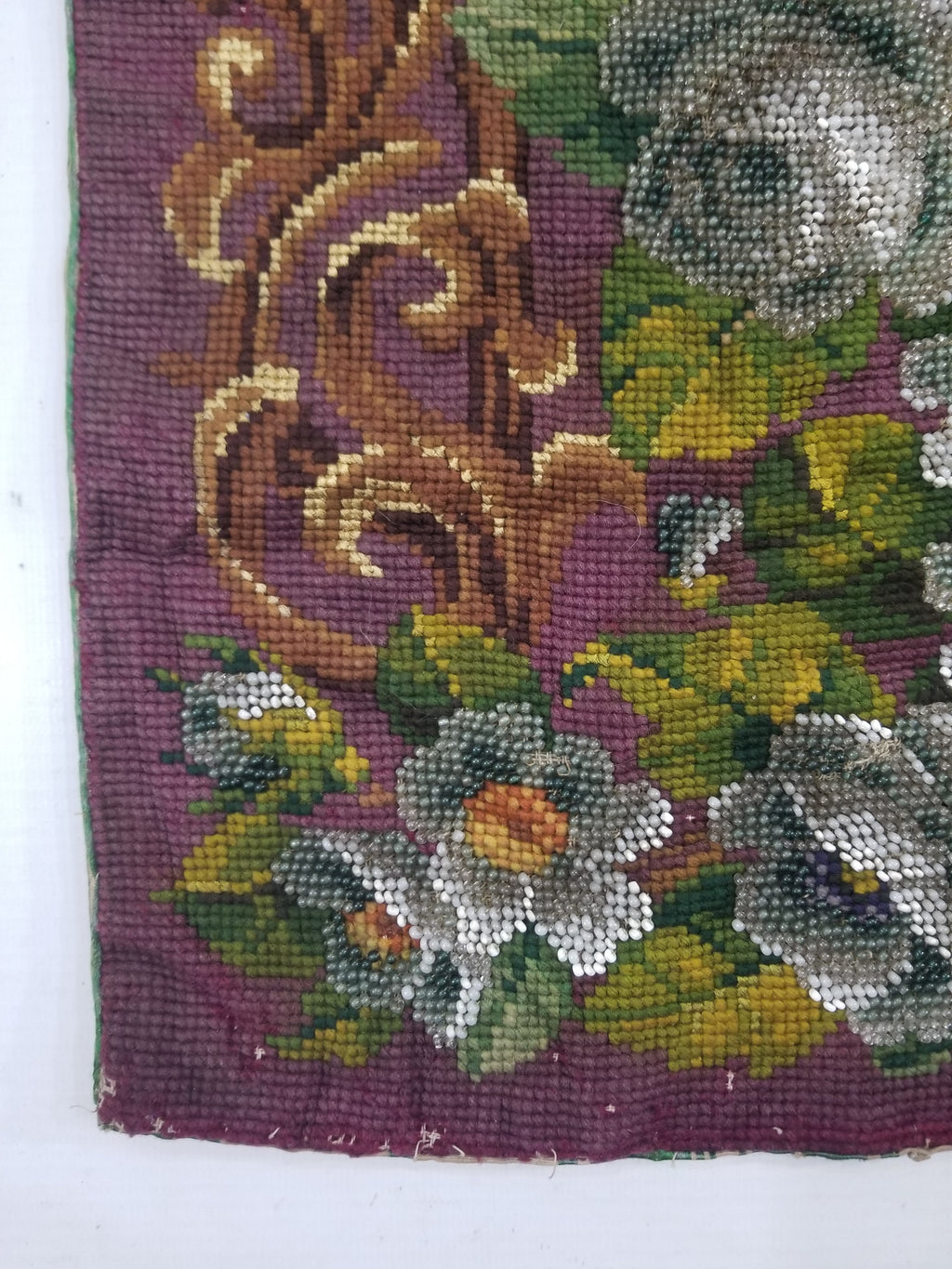 Antique Victorian Needlepoint Beaded Floral Tapestry 45x37cm