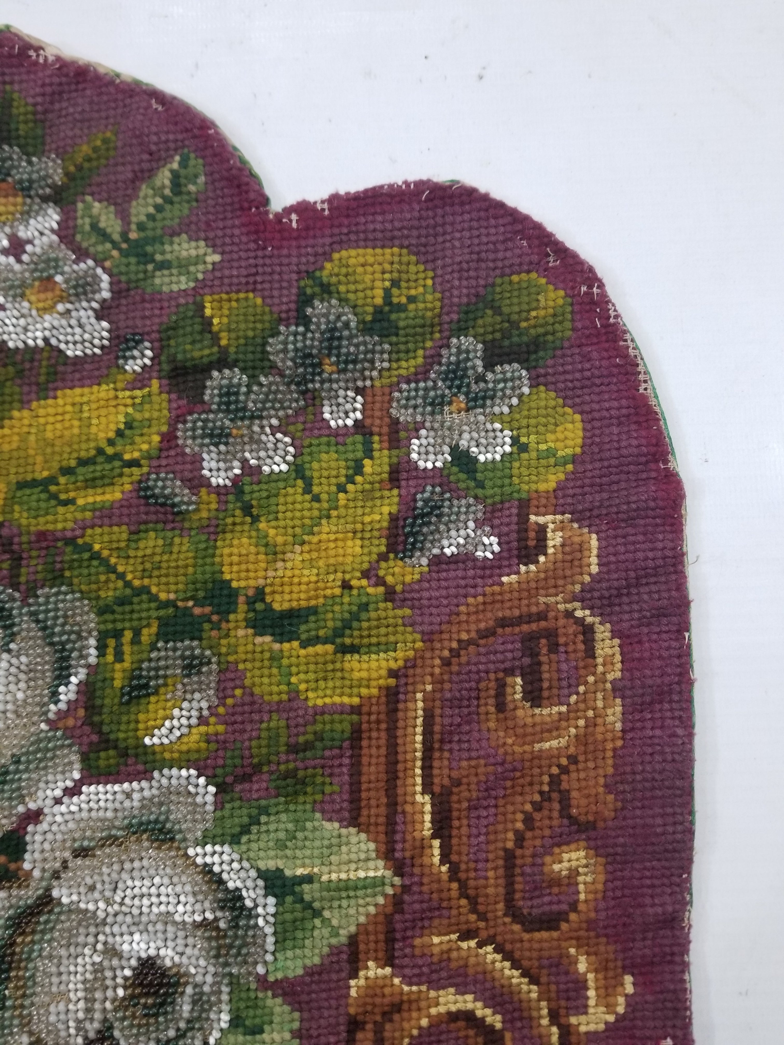 Antique Victorian Needlepoint Beaded Floral Tapestry 45x37cm
