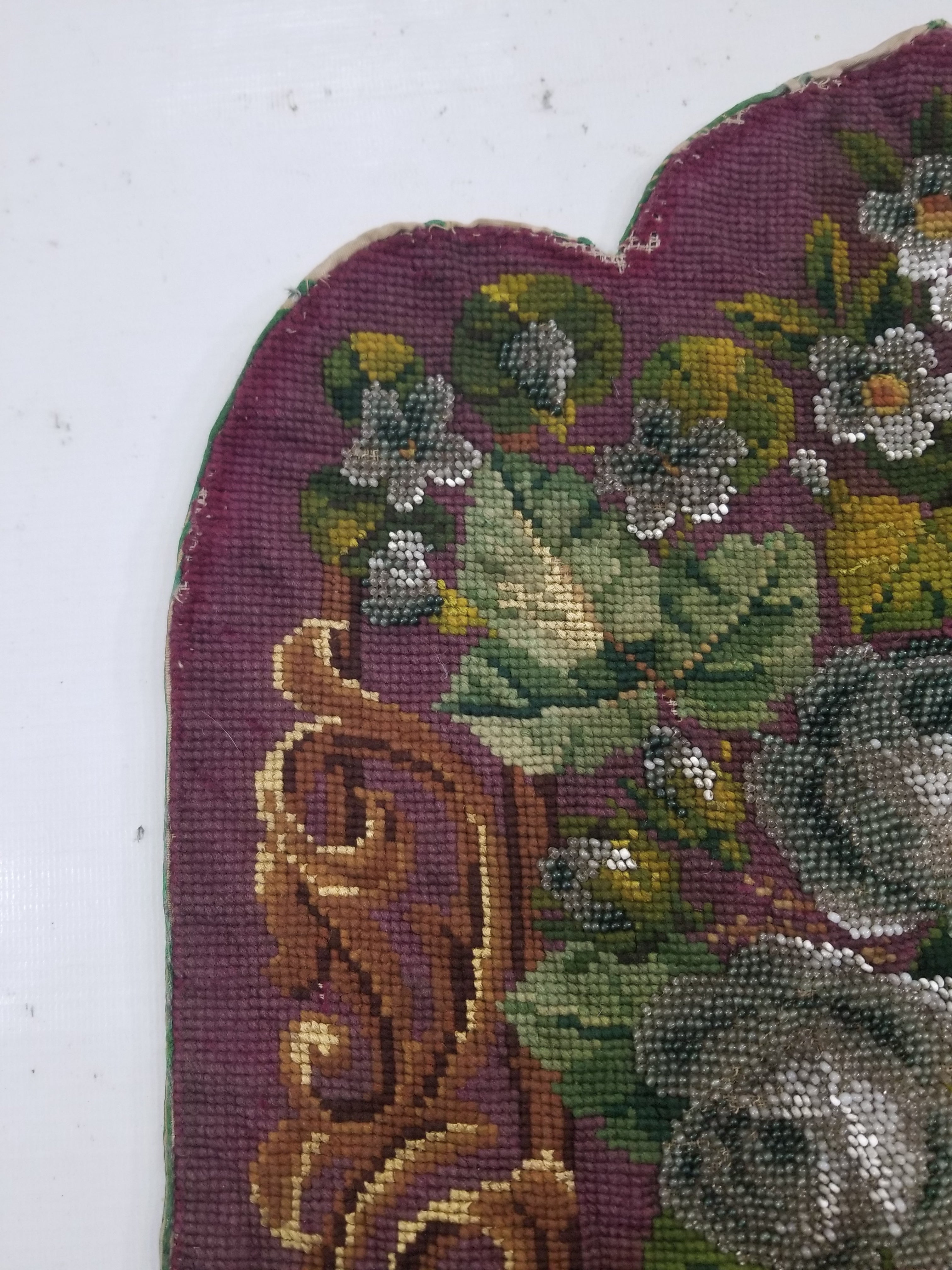 Antique Victorian Needlepoint Beaded Floral Tapestry 45x37cm