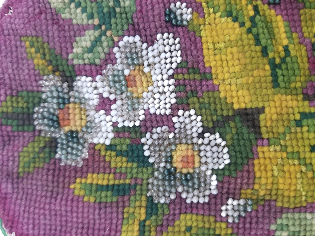 Antique Victorian Needlepoint Beaded Floral Tapestry 45x37cm