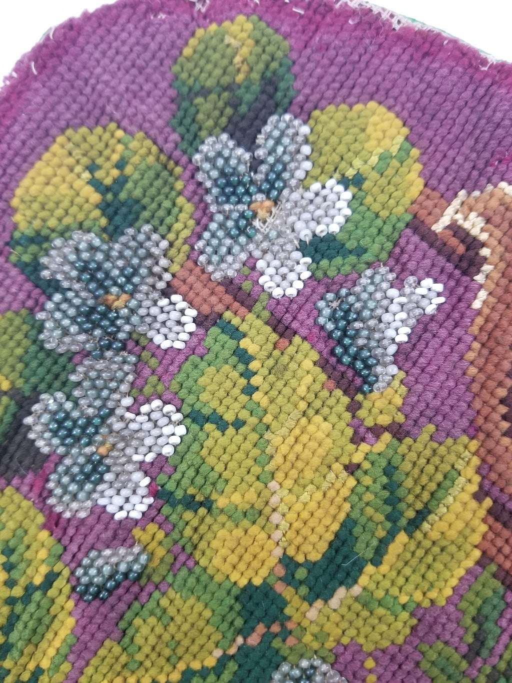 Antique Victorian Needlepoint Beaded Floral Tapestry 45x37cm