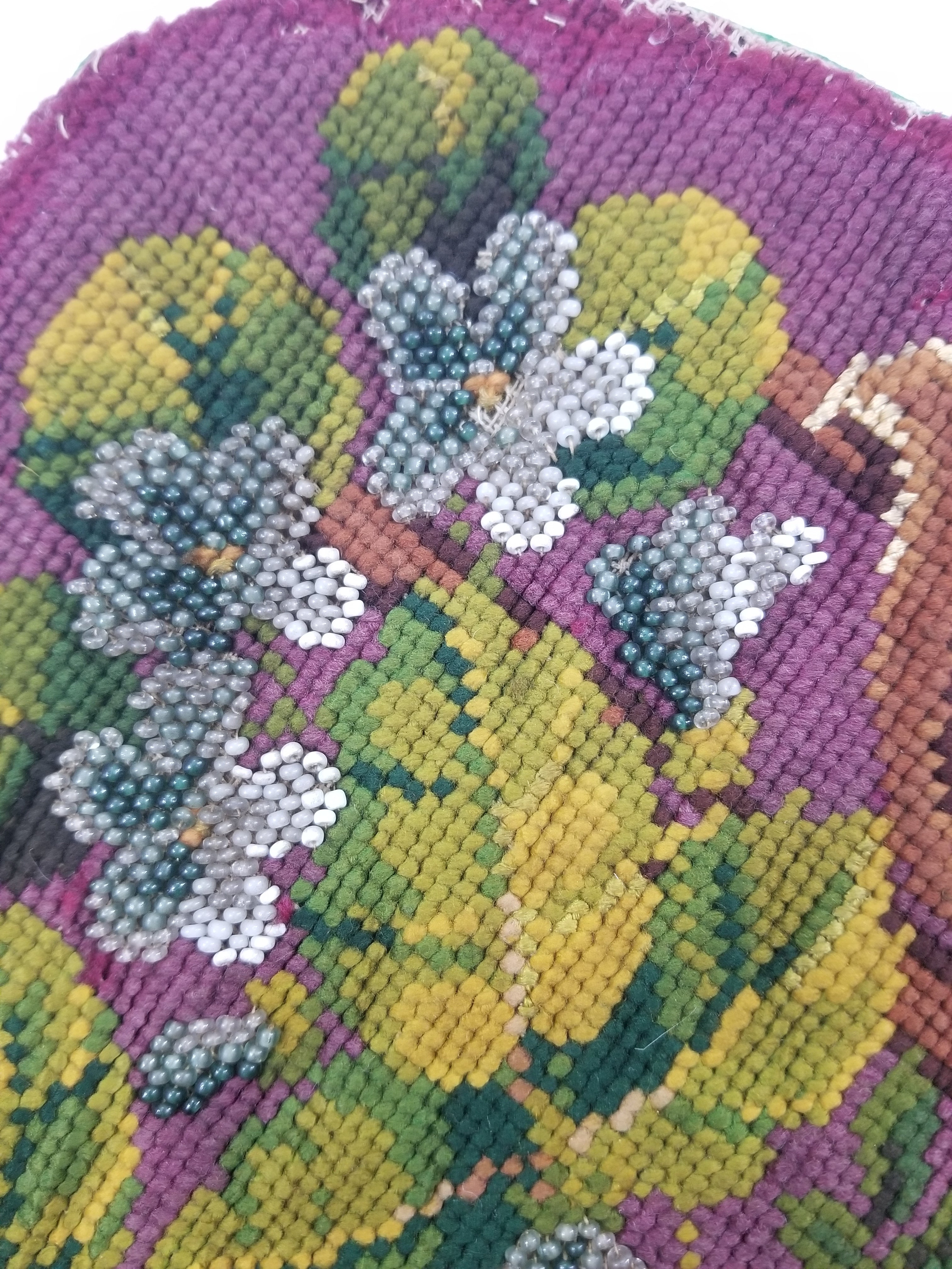 Antique Victorian Needlepoint Beaded Floral Tapestry 45x37cm