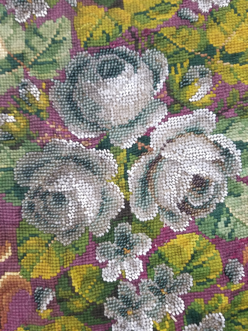 Antique Victorian Needlepoint Beaded Floral Tapestry 45x37cm