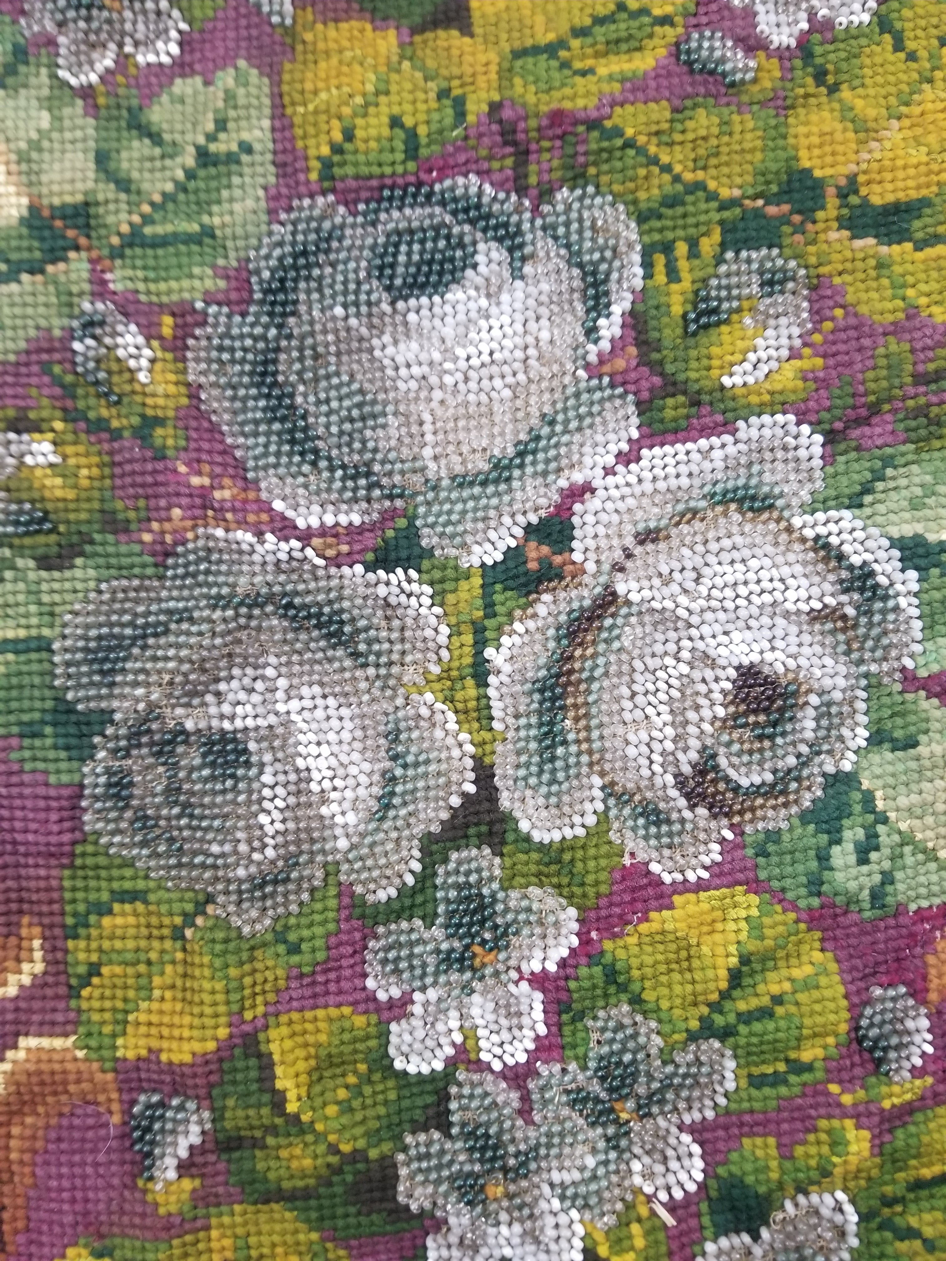 Antique Victorian Needlepoint Beaded Floral Tapestry 45x37cm