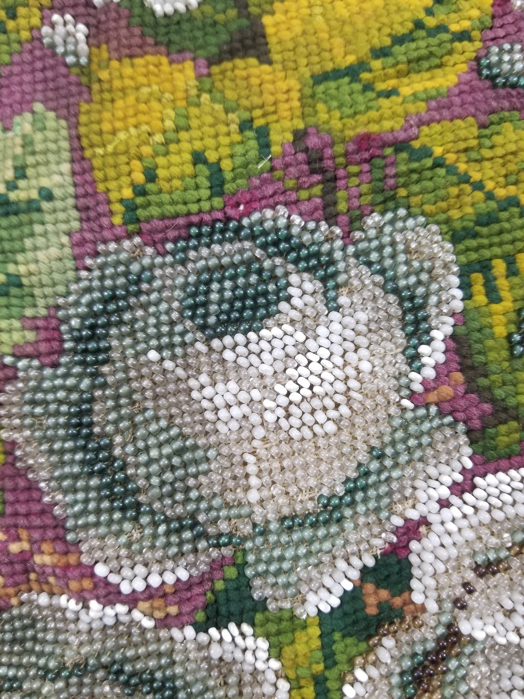 Antique Victorian Needlepoint Beaded Floral Tapestry 45x37cm
