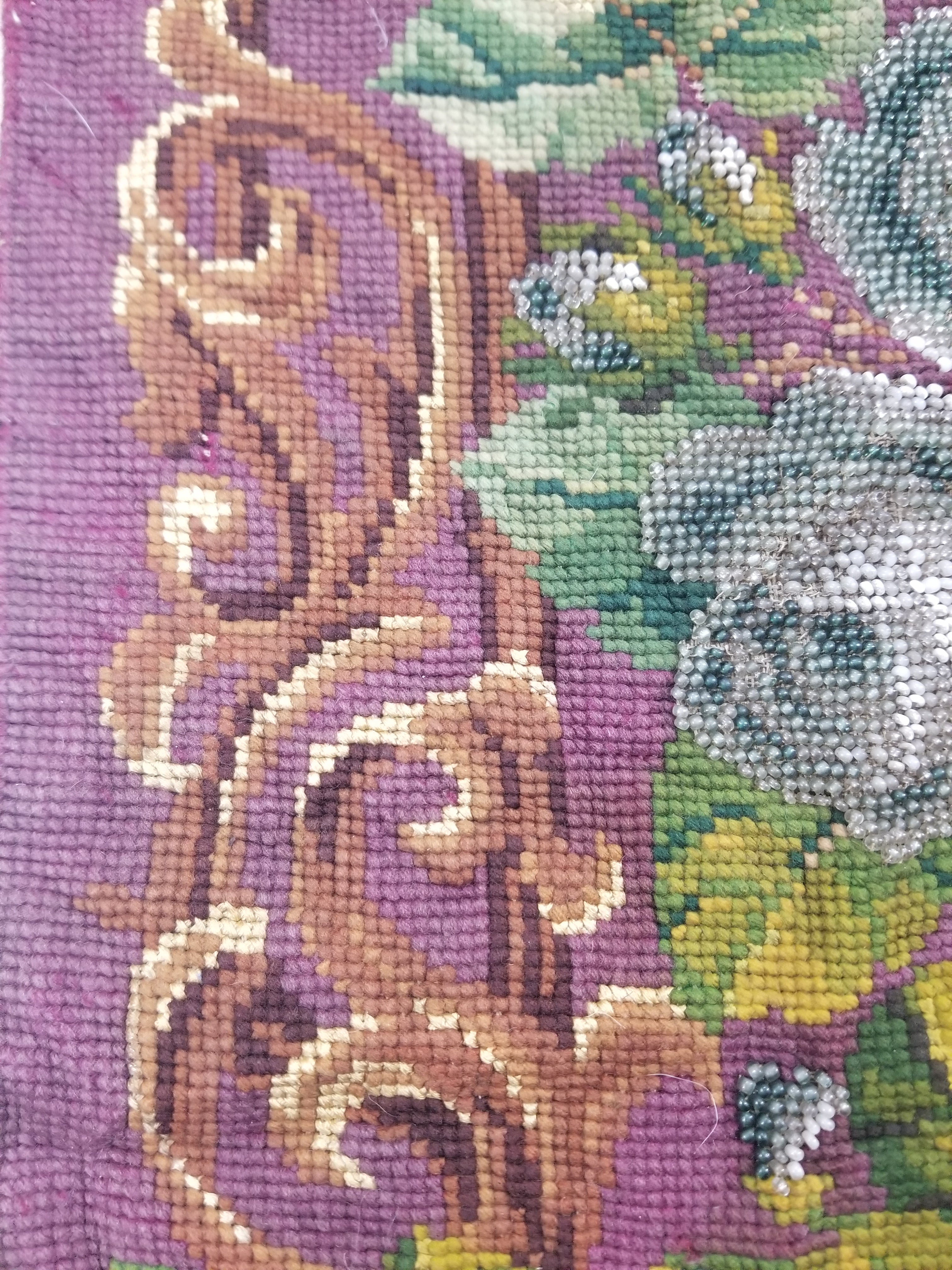Antique Victorian Needlepoint Beaded Floral Tapestry 45x37cm