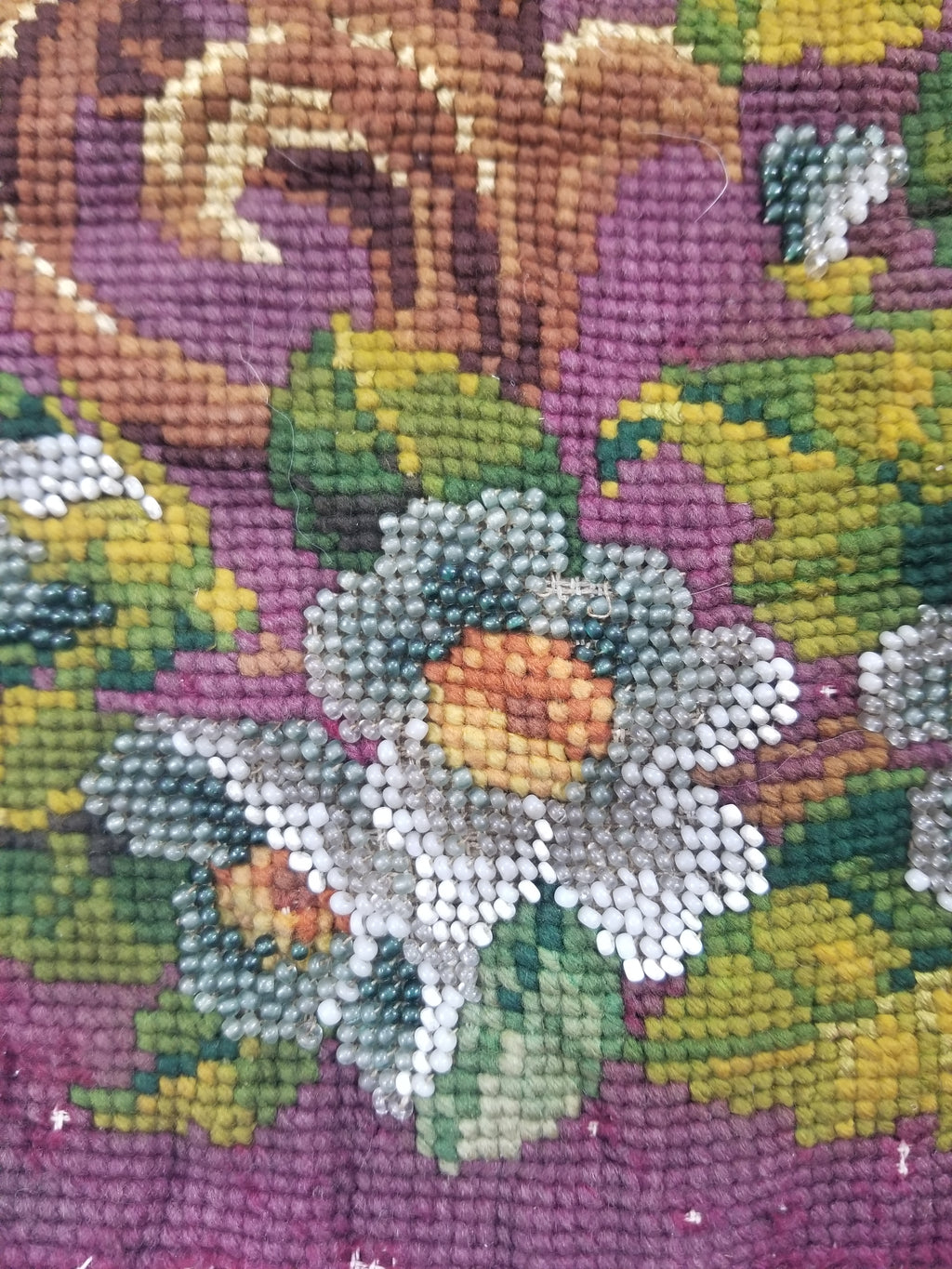 Antique Victorian Needlepoint Beaded Floral Tapestry 45x37cm