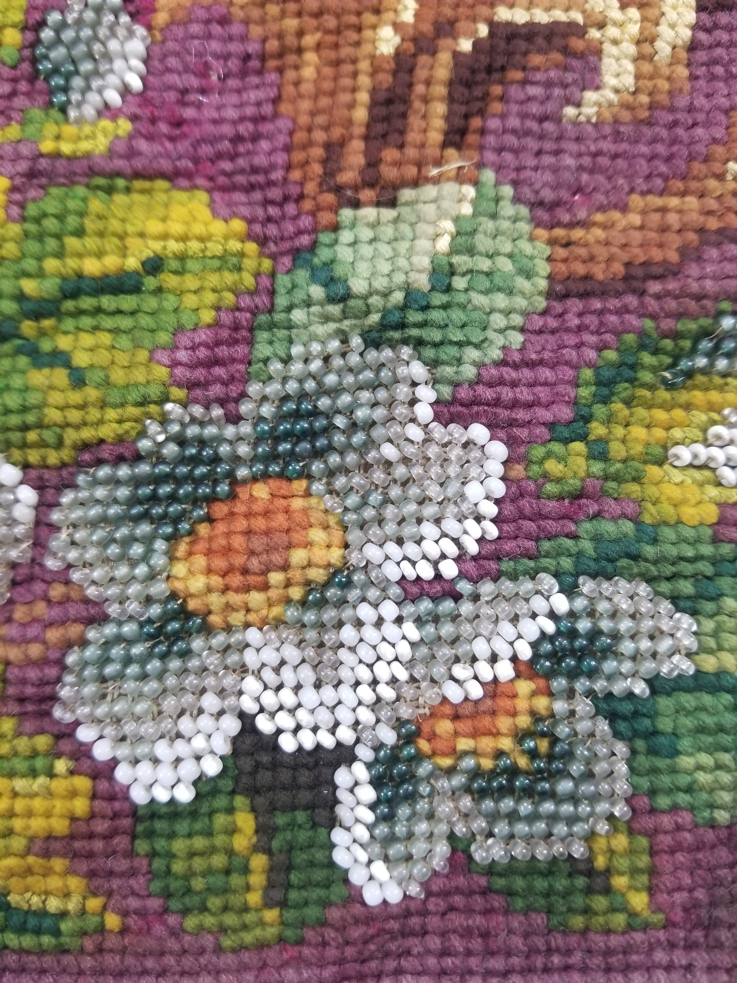 Antique Victorian Needlepoint Beaded Floral Tapestry 45x37cm