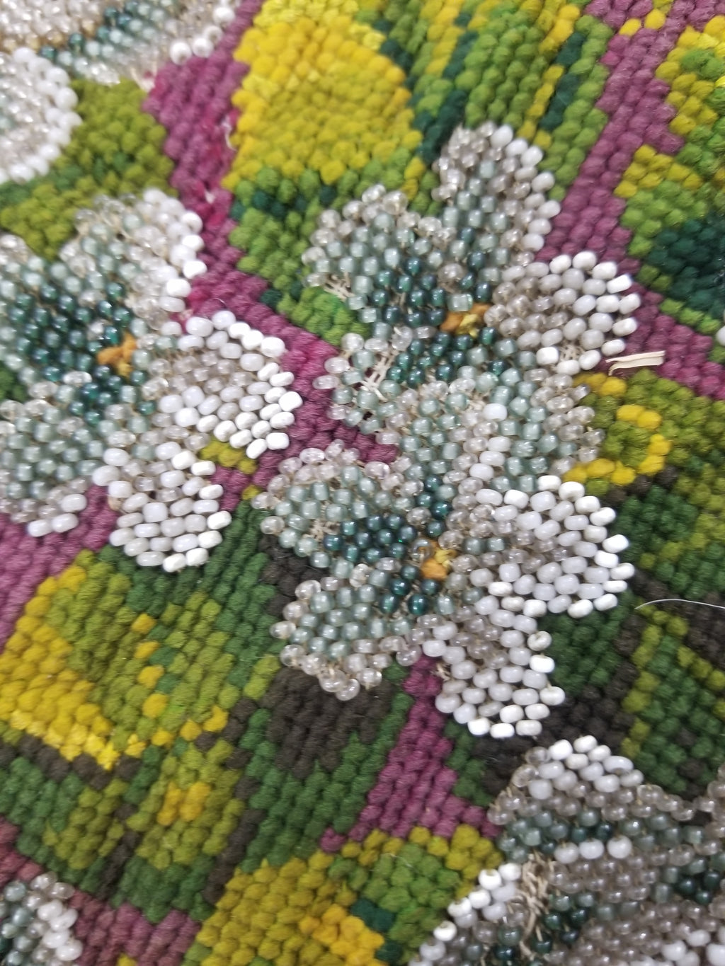 Antique Victorian Needlepoint Beaded Floral Tapestry 45x37cm