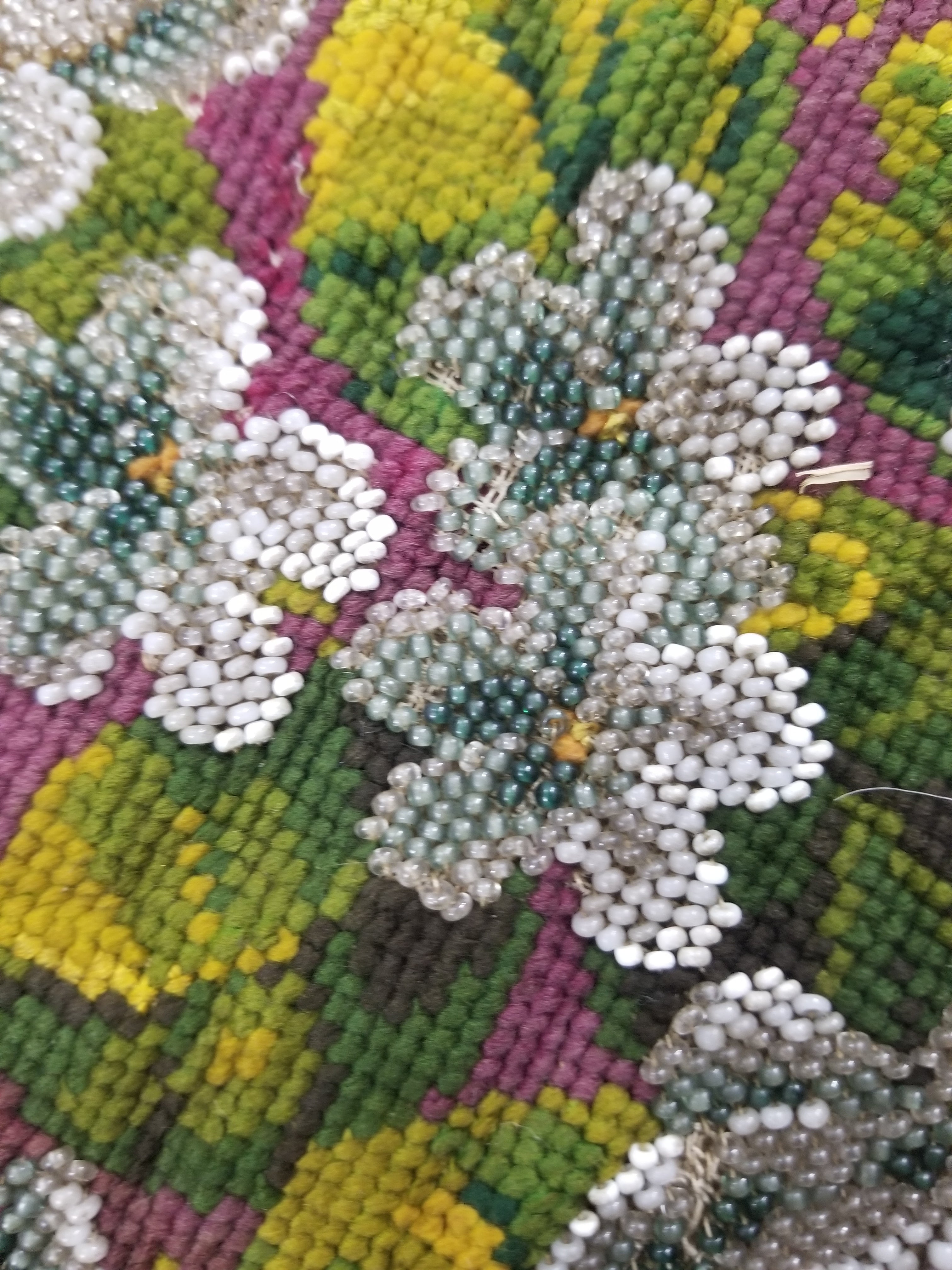 Antique Victorian Needlepoint Beaded Floral Tapestry 45x37cm